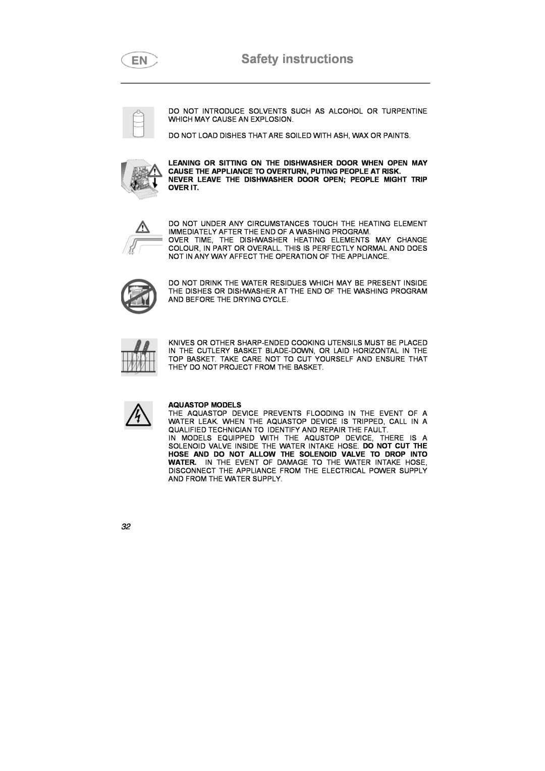 Smeg DD612S7 manual Safety instructions, Aquastop Models 