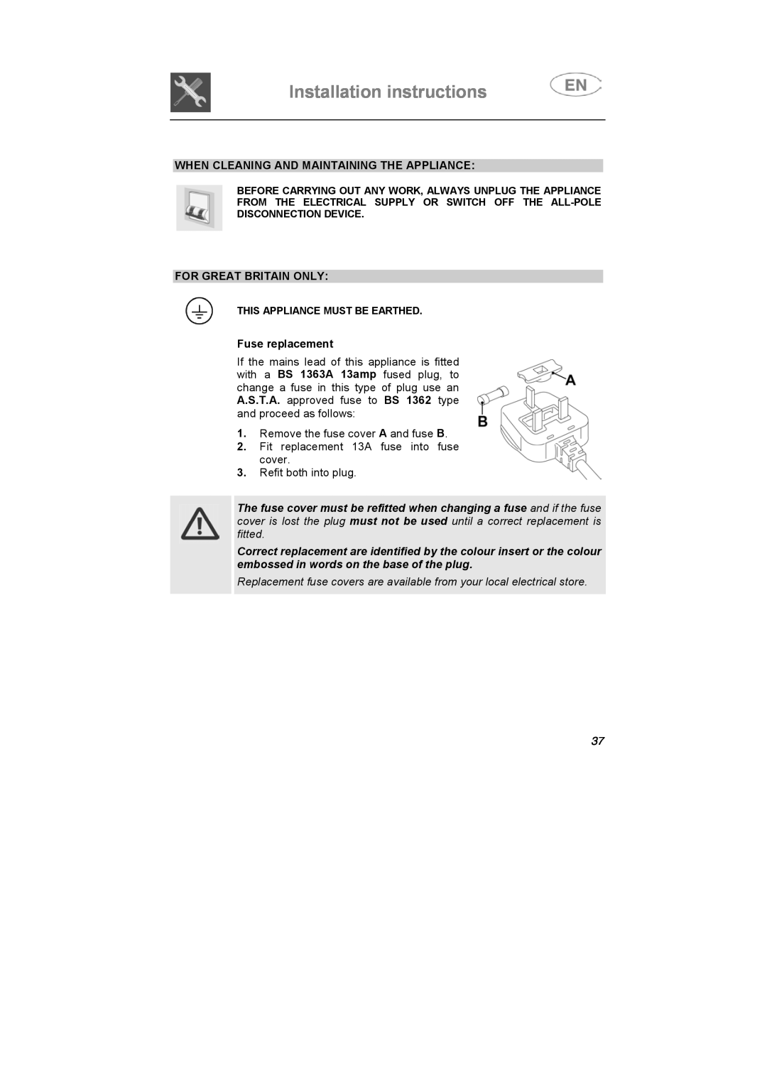 Smeg DD612S7 manual Installation instructions, When Cleaning And Maintaining The Appliance, For Great Britain Only 