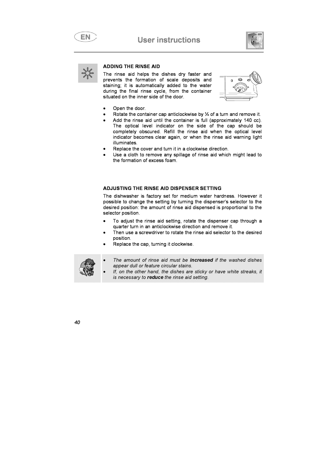 Smeg DD612S7 manual User instructions, Adding The Rinse Aid, Adjusting The Rinse Aid Dispenser Setting 