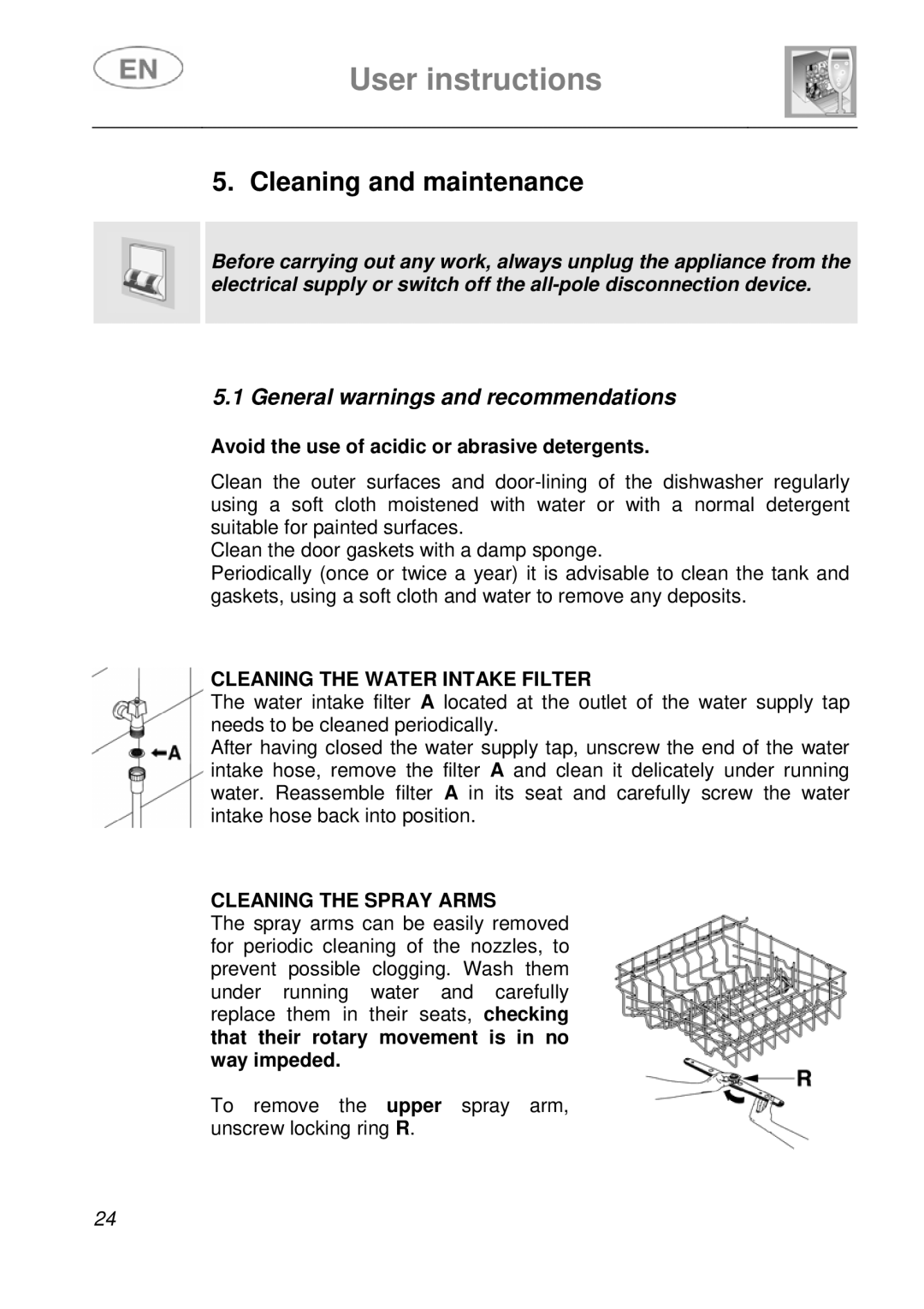 Smeg DF41-7 instruction manual Cleaning and maintenance, Cleaning the Water Intake Filter, Cleaning the Spray Arms 