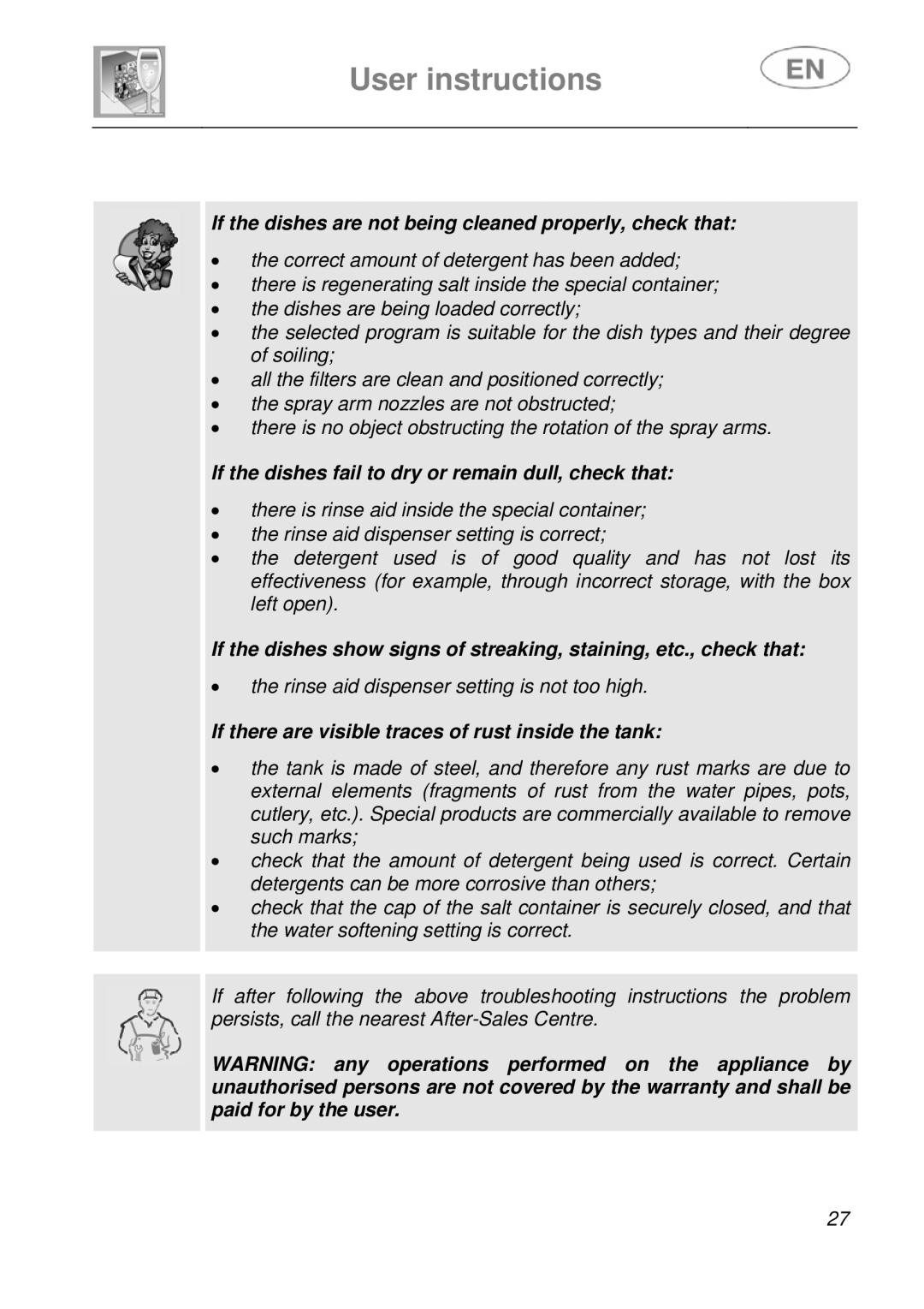 Smeg DF41-7 instruction manual If the dishes are not being cleaned properly, check that 