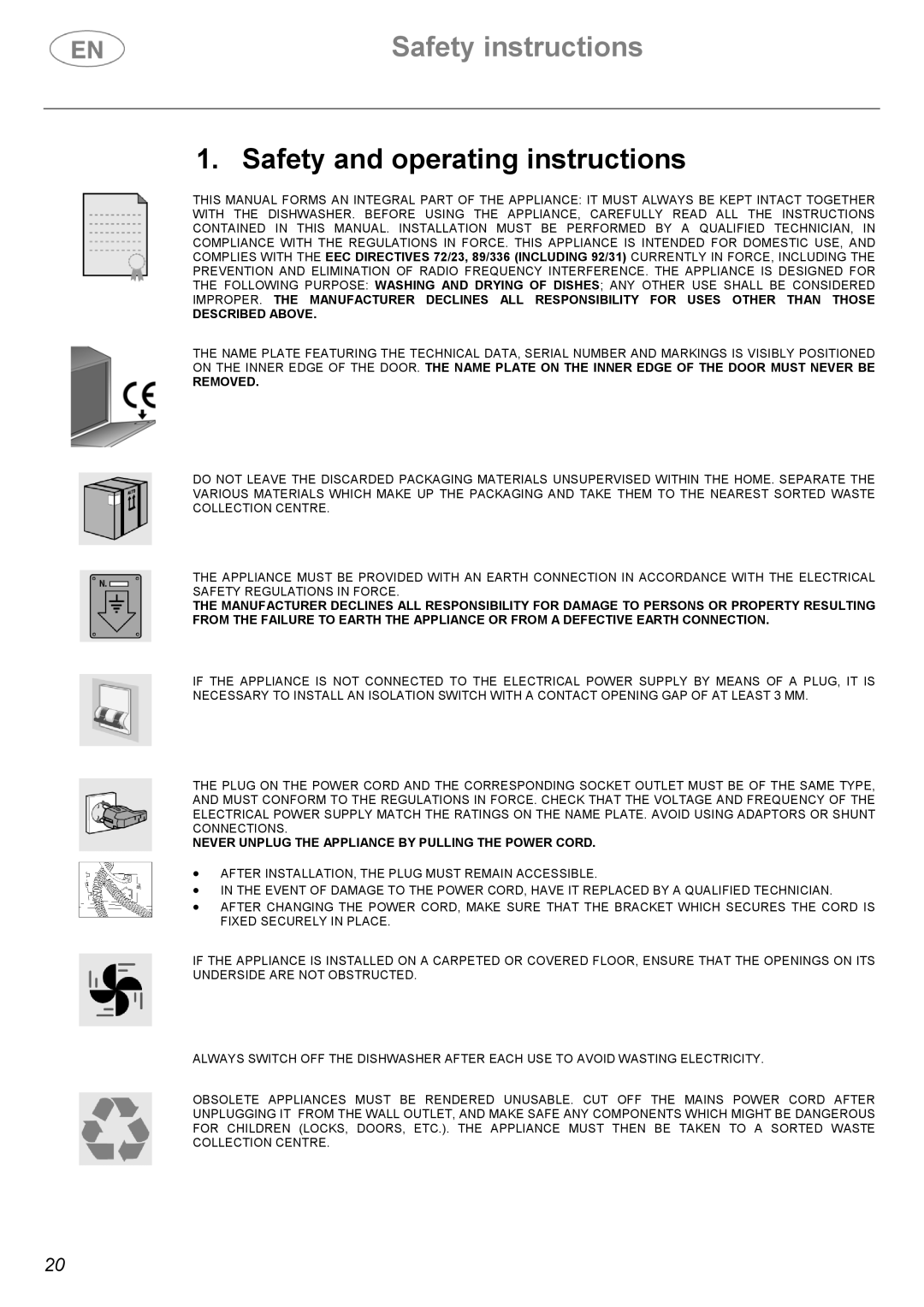 Smeg DF410SF, DF410BL manual Safety instructions 