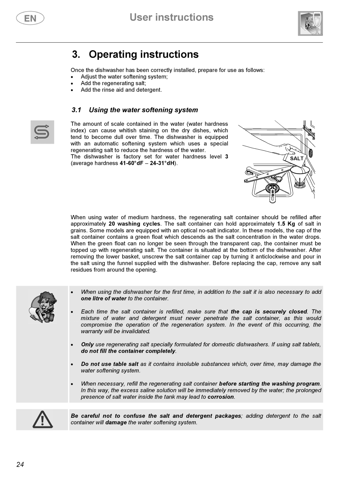 Smeg DF410BL, DF410SF manual User instructions, Using the water softening system 