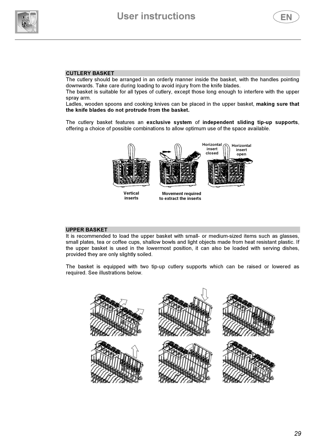 Smeg DF410SF, DF410BL manual Cutlery Basket, Upper Basket 