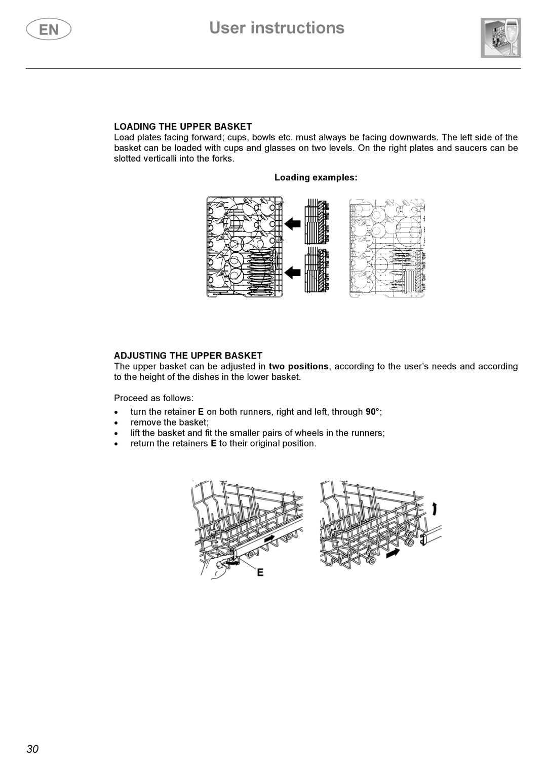 Smeg DF410BL, DF410SF manual Loading the Upper Basket, Adjusting the Upper Basket 