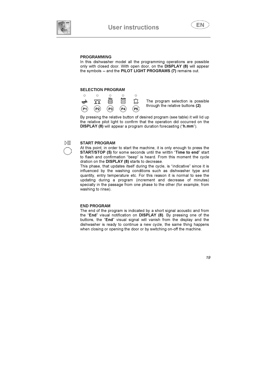 Smeg DF410BL, DF410SF manual Programming, Selection Program, Start Program, END Program 