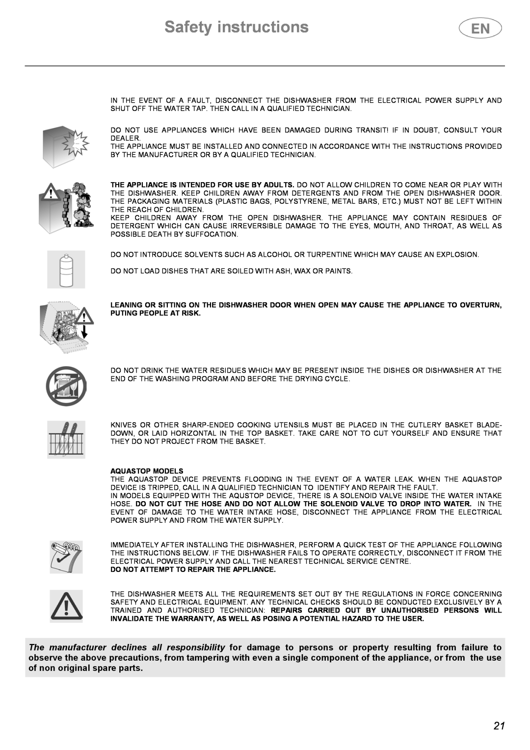 Smeg DF410BL, DF410SF manual Safety instructions, Aquastop Models, Do Not Attempt To Repair The Appliance 