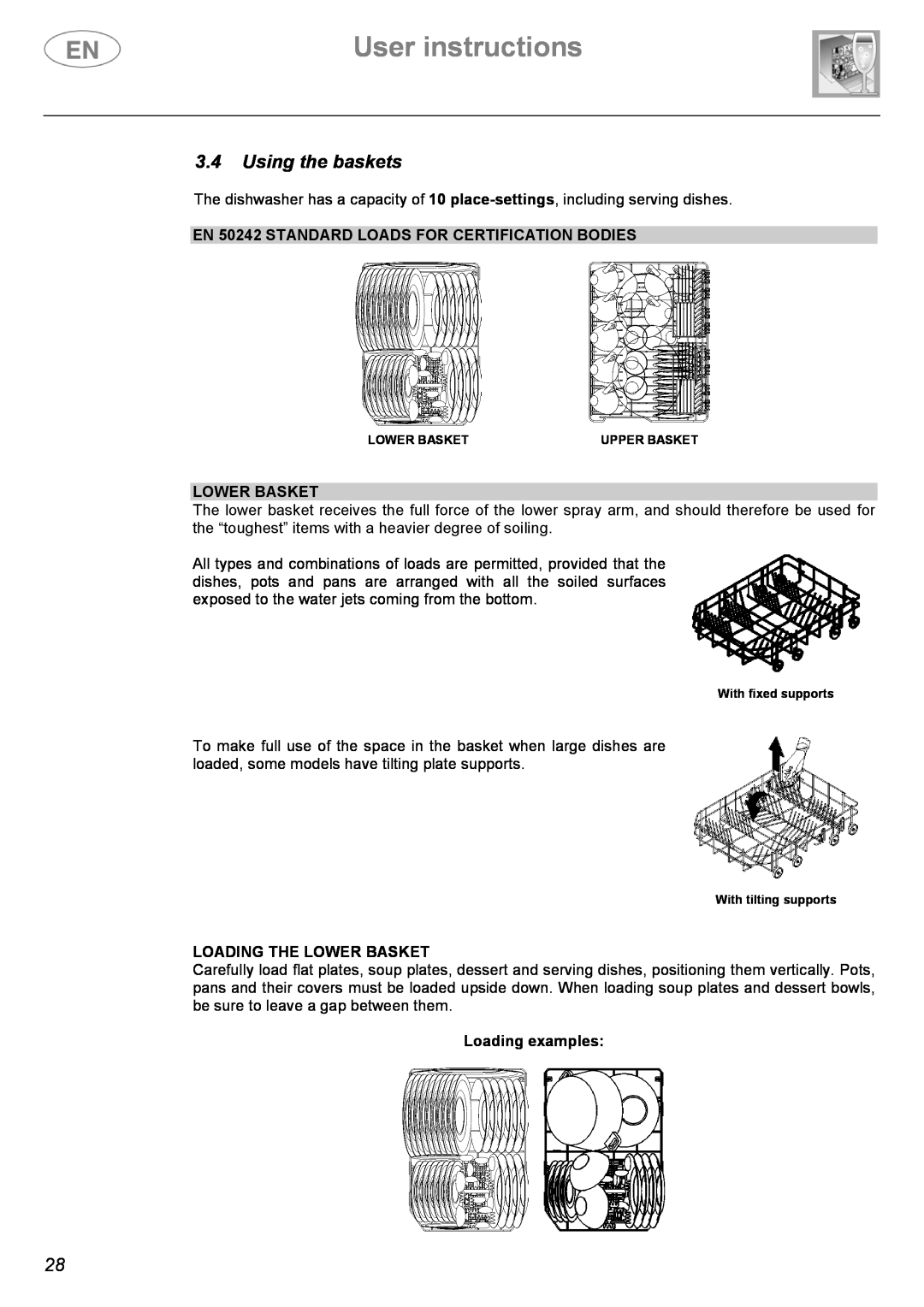 Smeg DF410BL manual User instructions, 3.4Using the baskets, EN 50242 STANDARD LOADS FOR CERTIFICATION BODIES, Lower Basket 