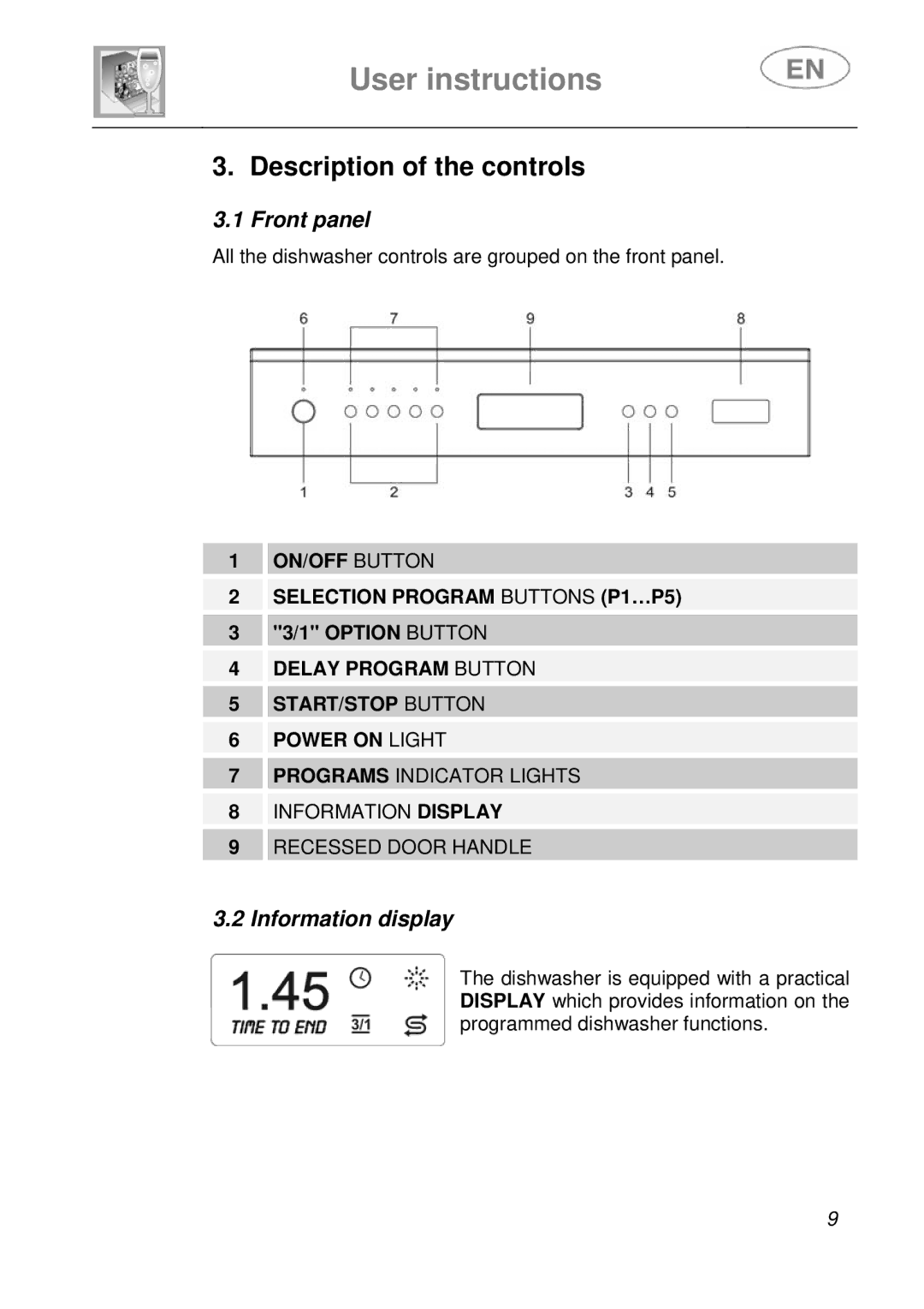 Smeg DF410BL1 instruction manual Description of the controls, Front panel, Information display 