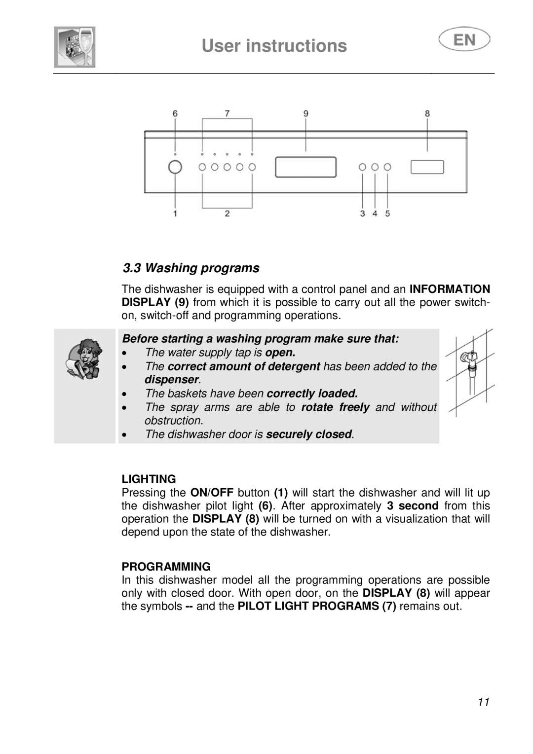 Smeg DF410BL1 instruction manual Washing programs, Lighting, Programming 