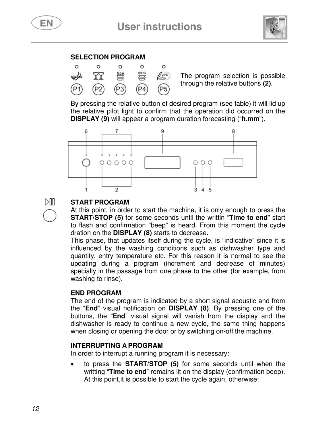 Smeg DF410BL1 instruction manual Selection Program, Start Program, END Program, Interrupting a Program 