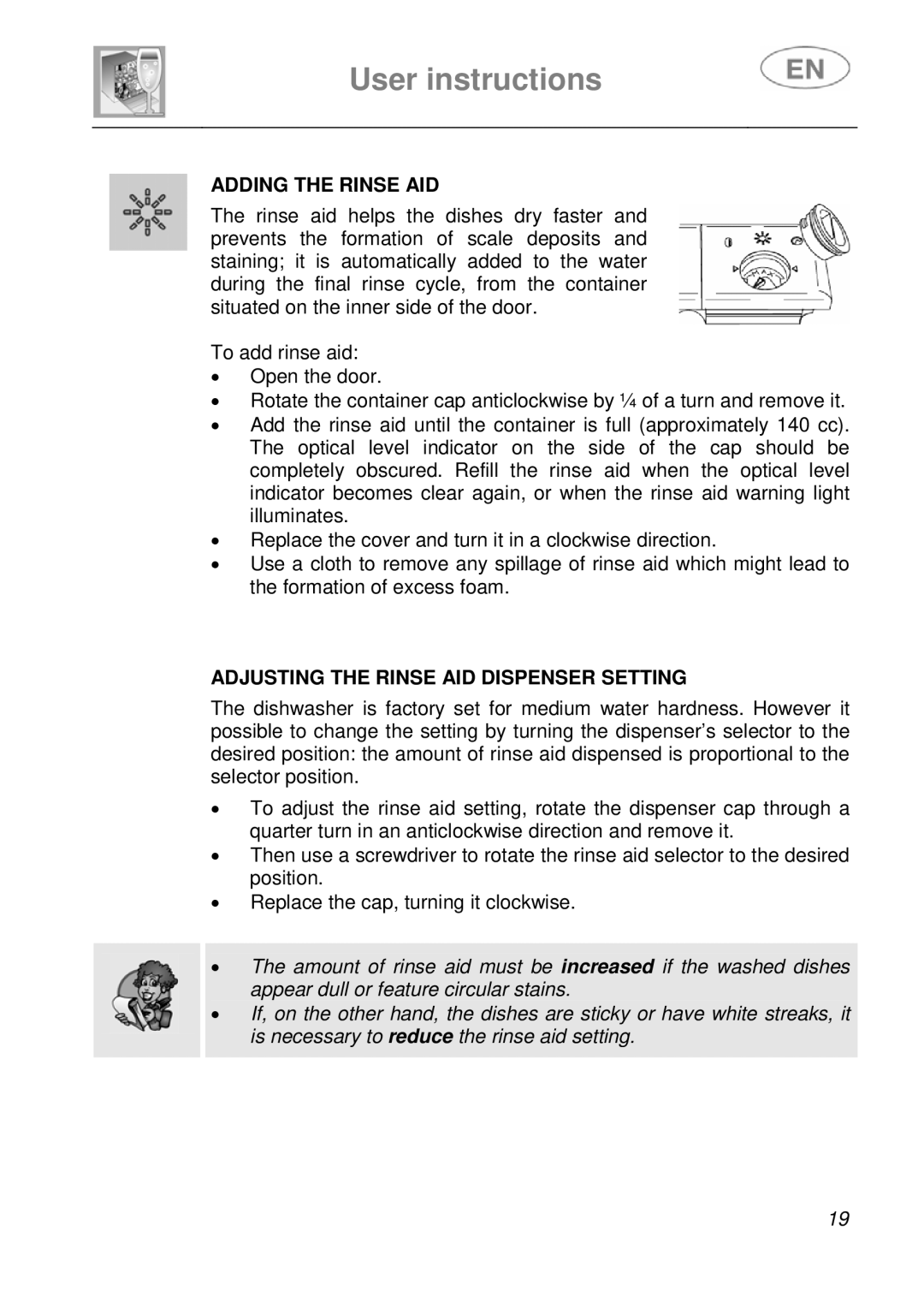 Smeg DF410BL1 instruction manual Adding the Rinse AID, Adjusting the Rinse AID Dispenser Setting 