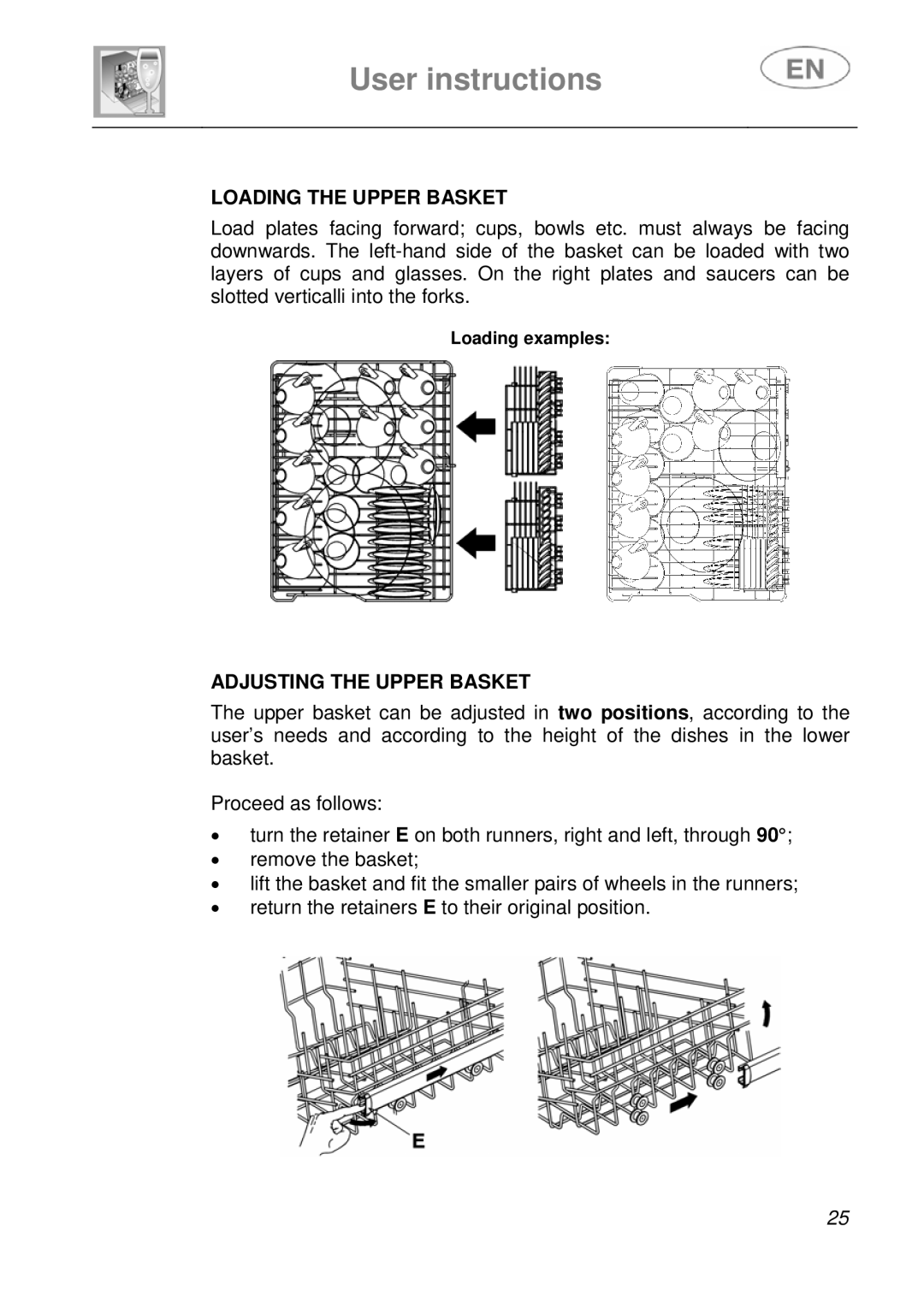 Smeg DF410BL1 instruction manual Loading the Upper Basket, Adjusting the Upper Basket 