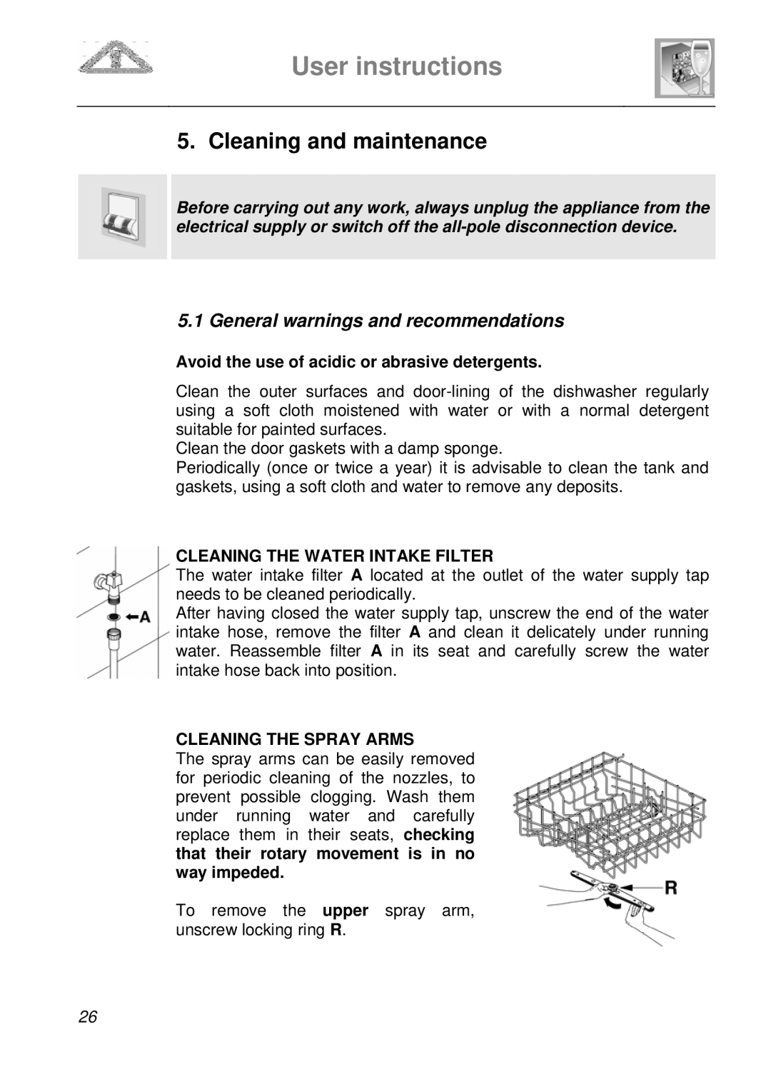 Smeg DF410BL1 instruction manual Cleaning and maintenance, Cleaning the Water Intake Filter, Cleaning the Spray Arms 