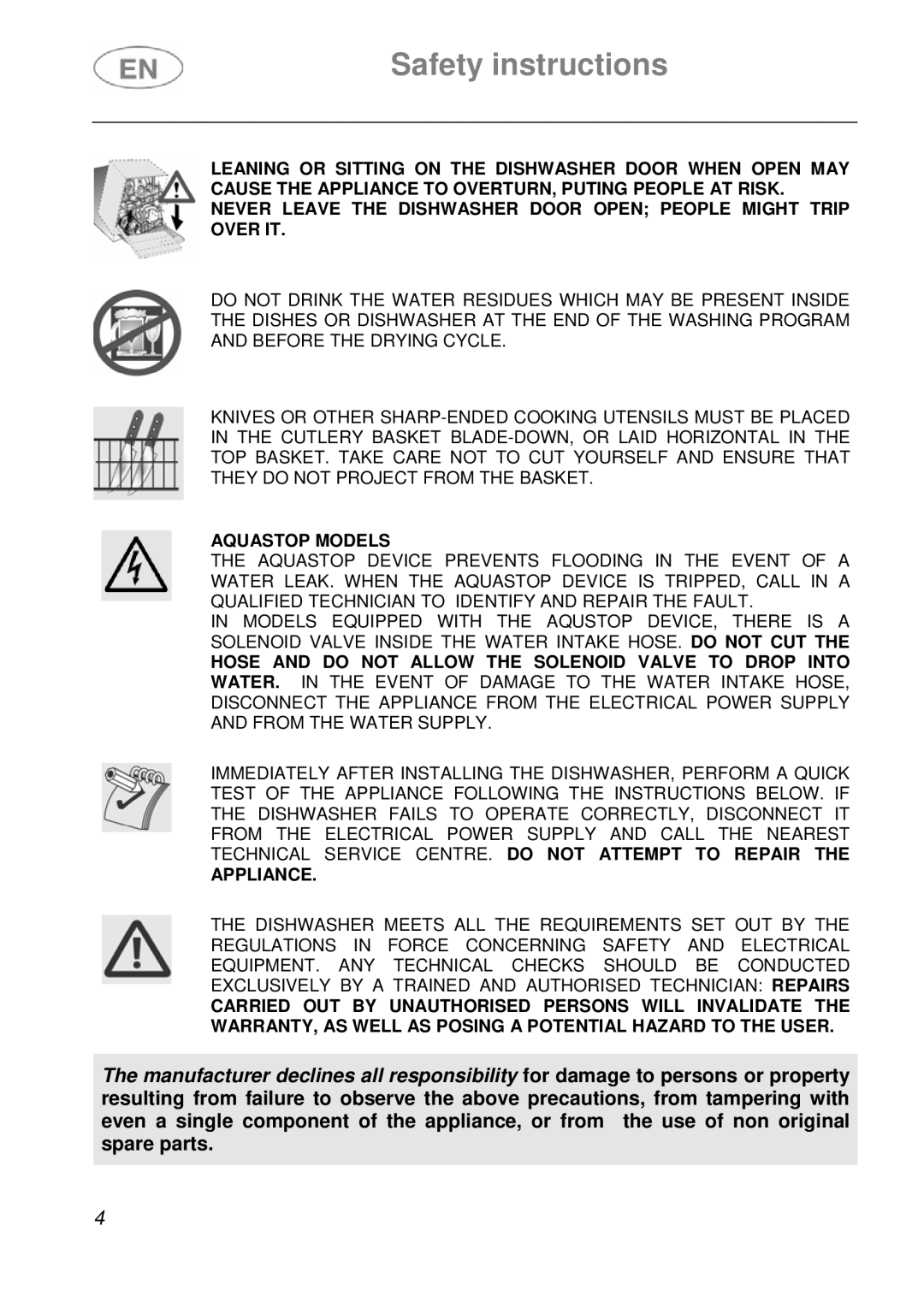 Smeg DF410BL1 instruction manual Aquastop Models 