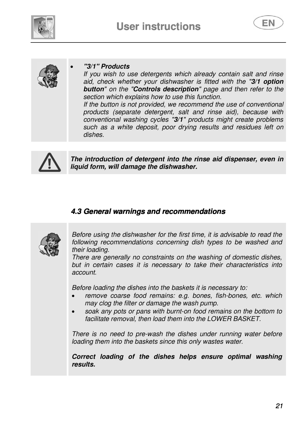 Smeg DF410BL1 instruction manual General warnings and recommendations, 3/1 Products, User instructions 
