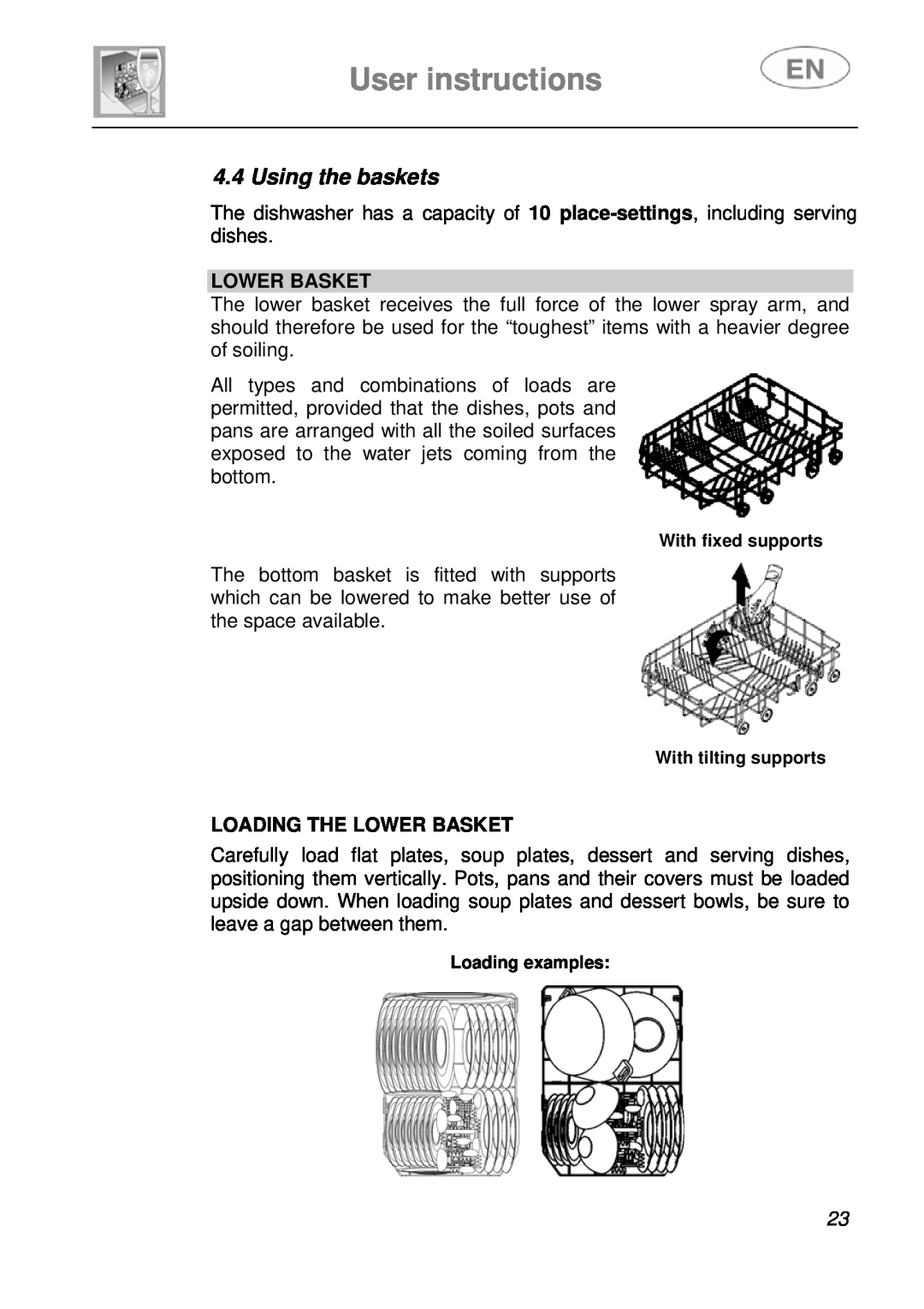 Smeg DF410BL1 instruction manual Using the baskets, Loading The Lower Basket, User instructions 