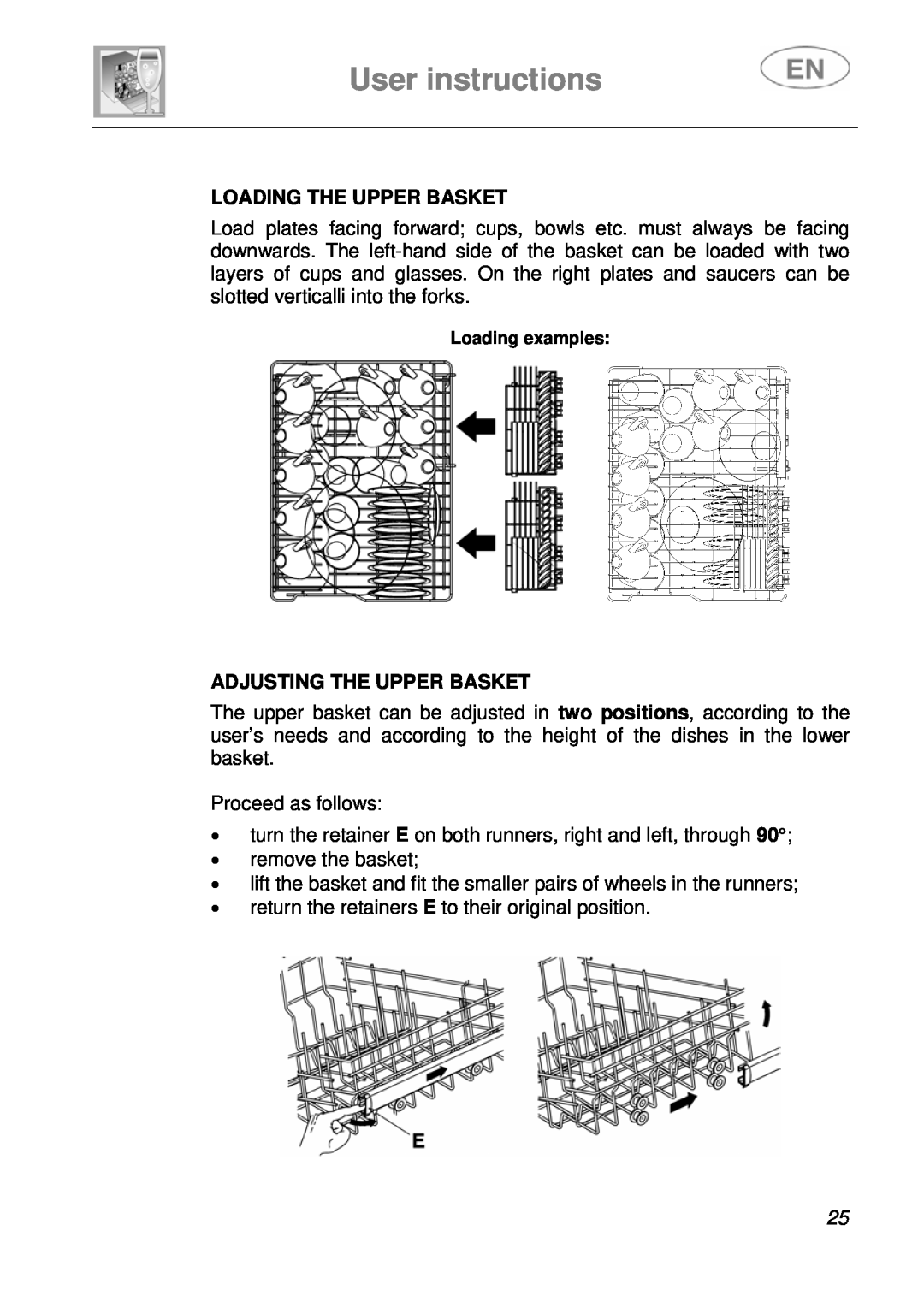 Smeg DF410BL1 instruction manual Loading The Upper Basket, Adjusting The Upper Basket, User instructions 