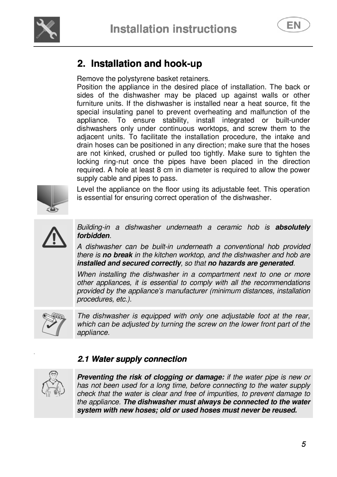 Smeg DF410BL1 instruction manual Installation instructions, Installation and hook-up, Water supply connection 