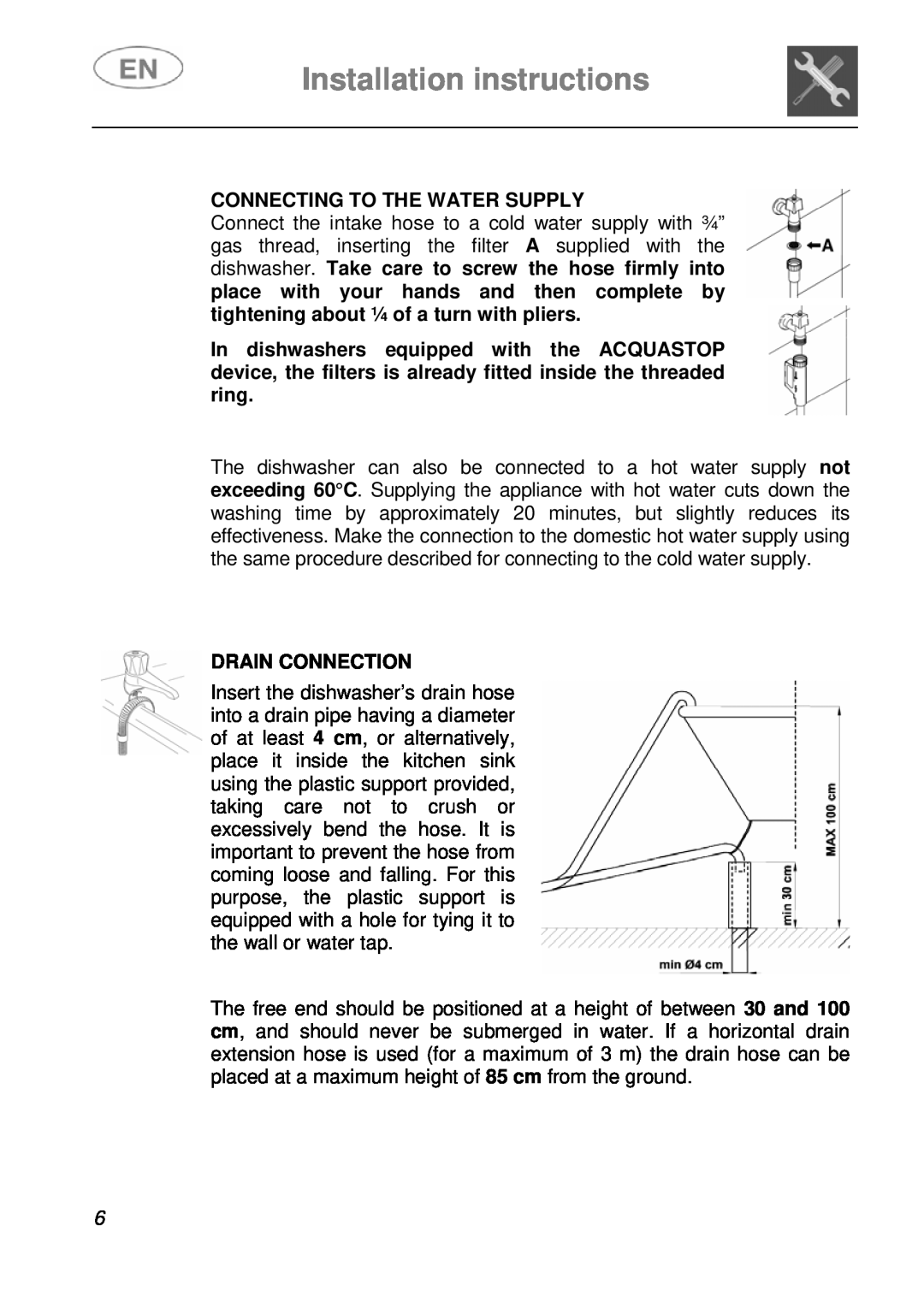 Smeg DF410BL1 instruction manual Connecting To The Water Supply, Drain Connection, Installation instructions 
