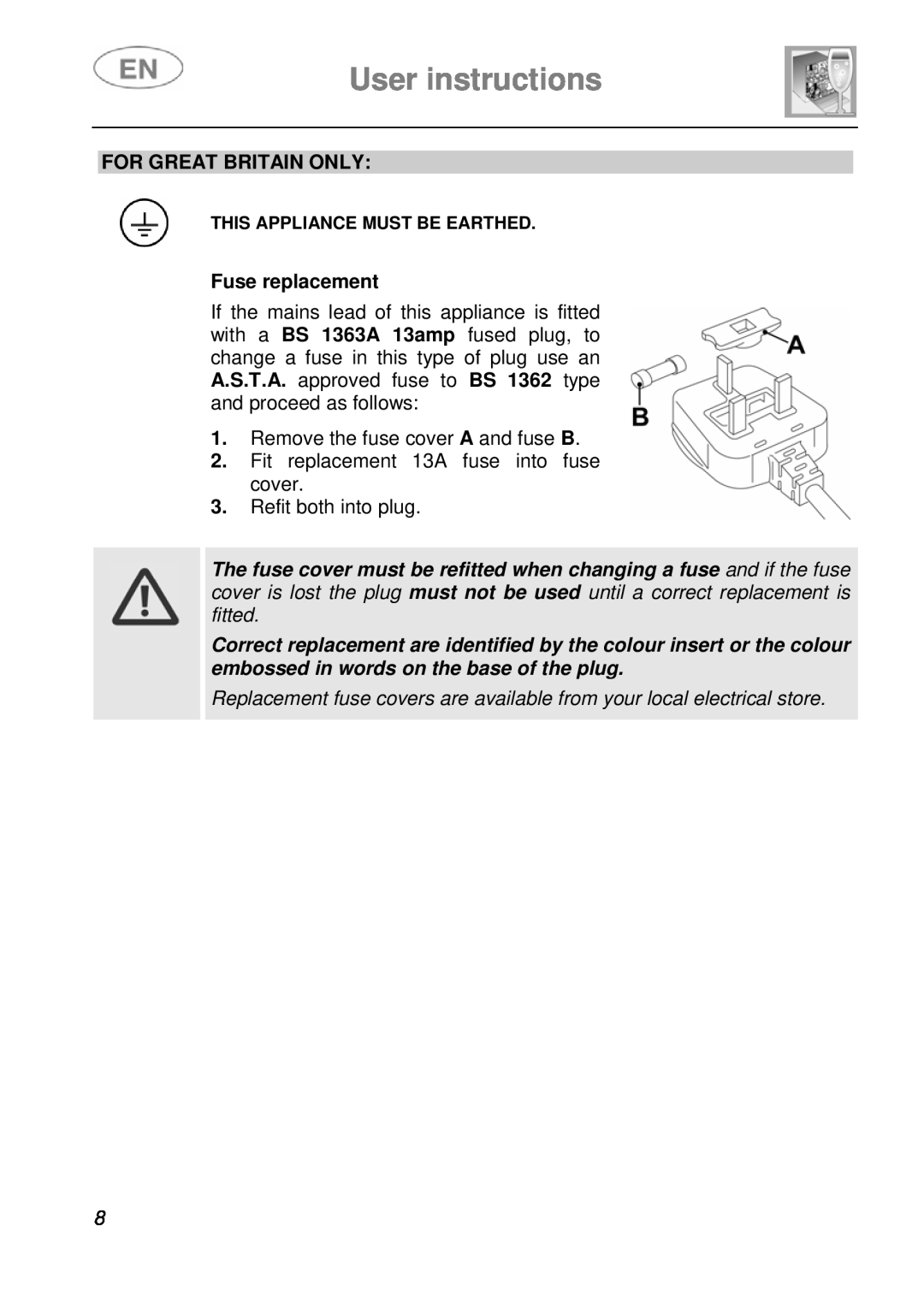 Smeg DF410BL1 instruction manual User instructions, For Great Britain Only, Fuse replacement 