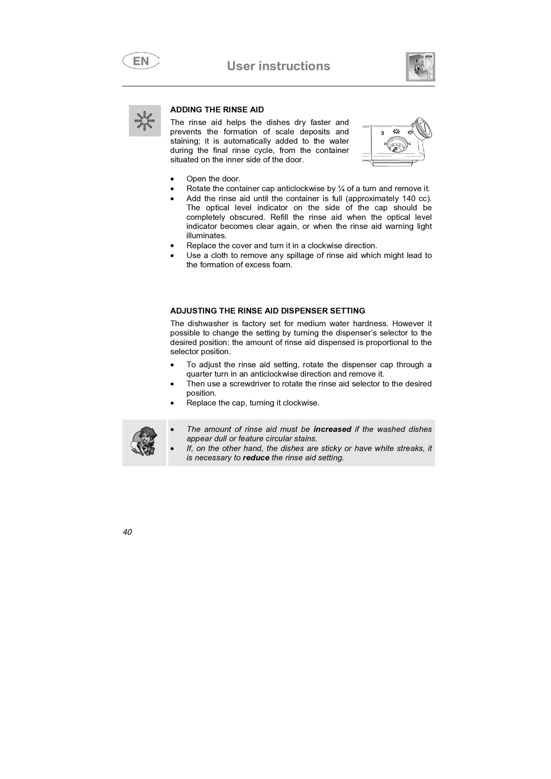 Smeg DF612SE7, DF612S7 manual Adding the Rinse AID, Adjusting the Rinse AID Dispenser Setting 