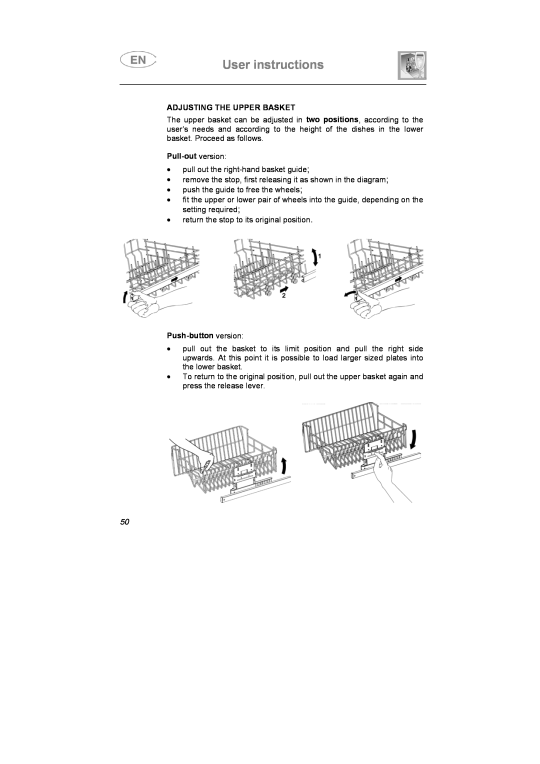 Smeg DF612S7, DF612SE7 manual User instructions, Adjusting The Upper Basket, Pull-out version, Push-button version 