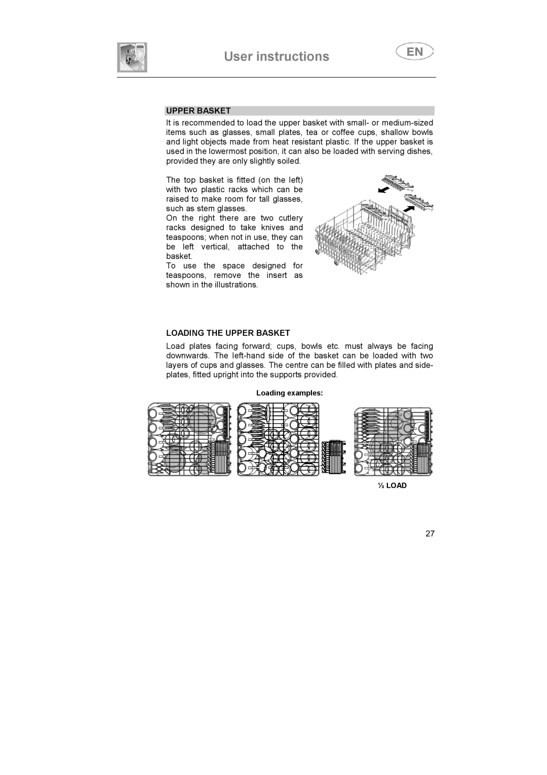 Smeg DF614FAS7, DF614BE instruction manual Loading the Upper Basket 