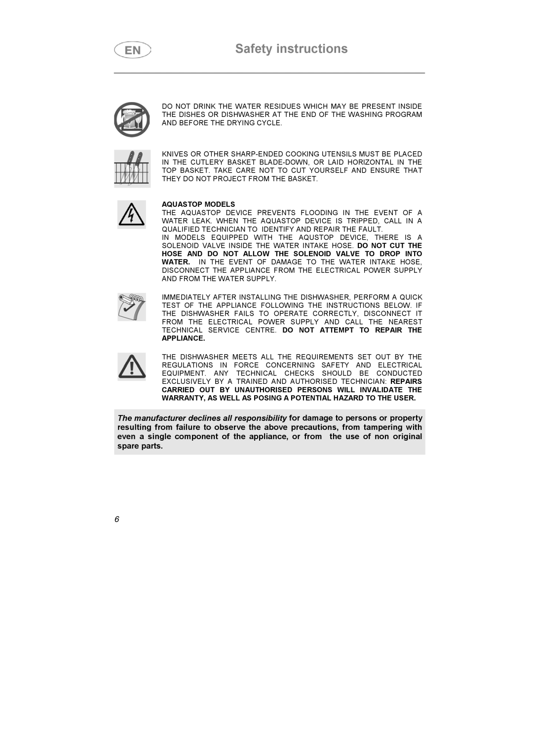 Smeg DF614FAS7, DF614BE instruction manual Aquastop Models 