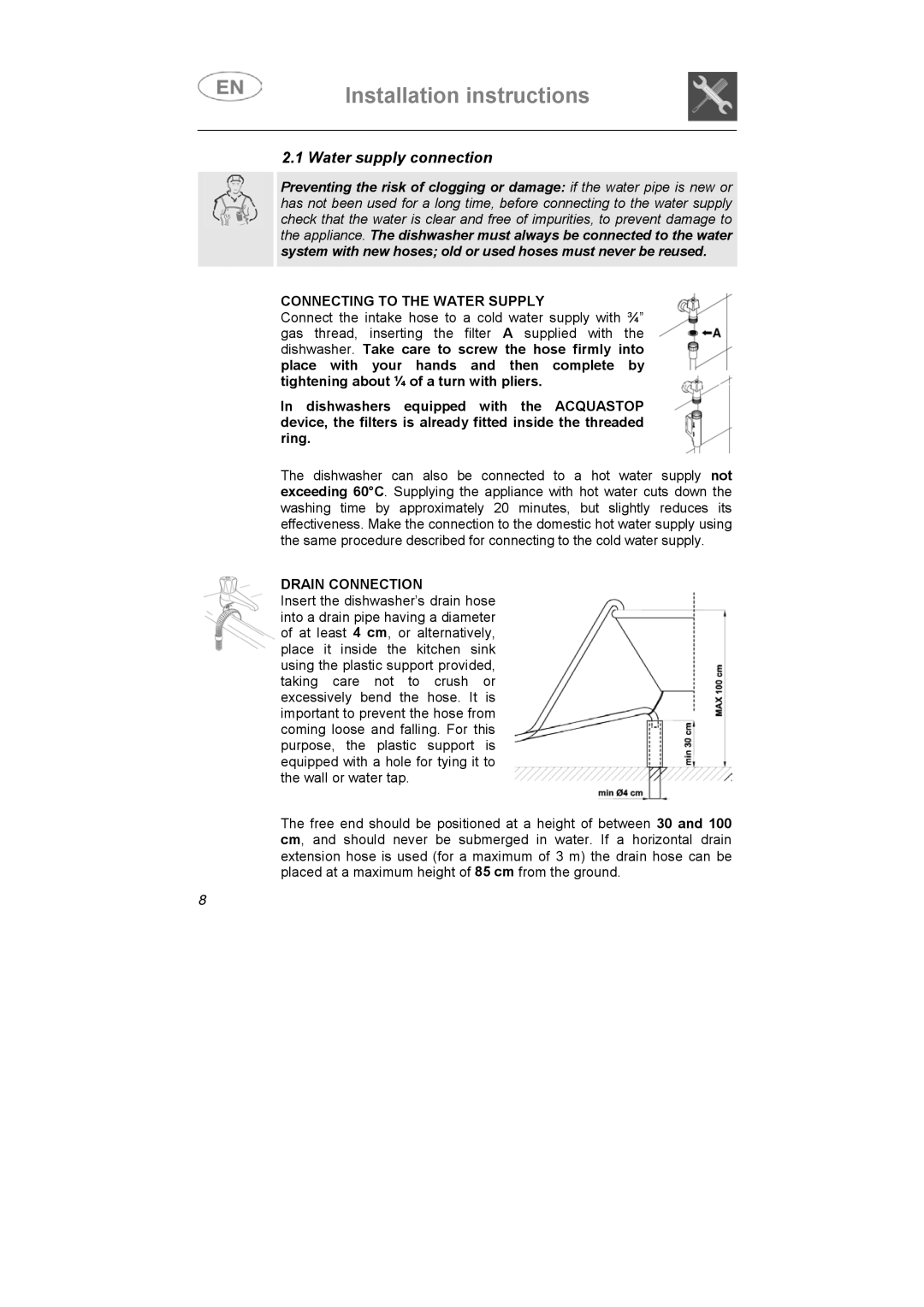 Smeg DF614BE, DF614FAS7 instruction manual Water supply connection, Connecting to the Water Supply, Drain Connection 