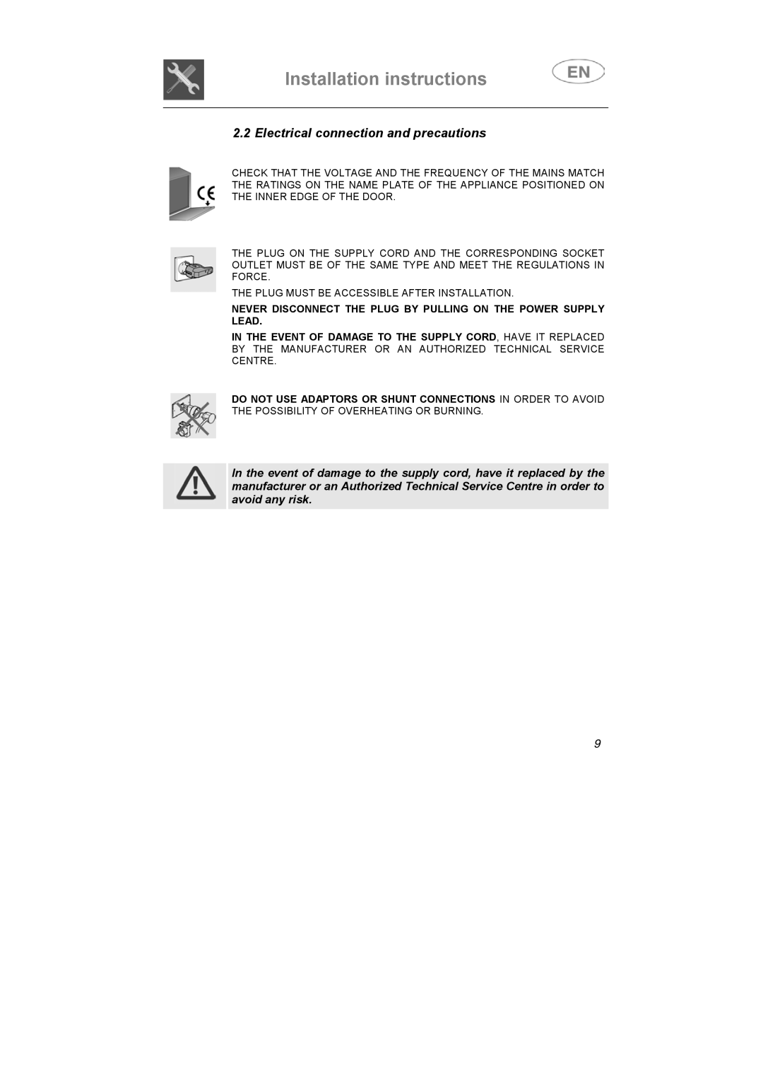 Smeg DF614FAS7, DF614BE instruction manual Electrical connection and precautions 