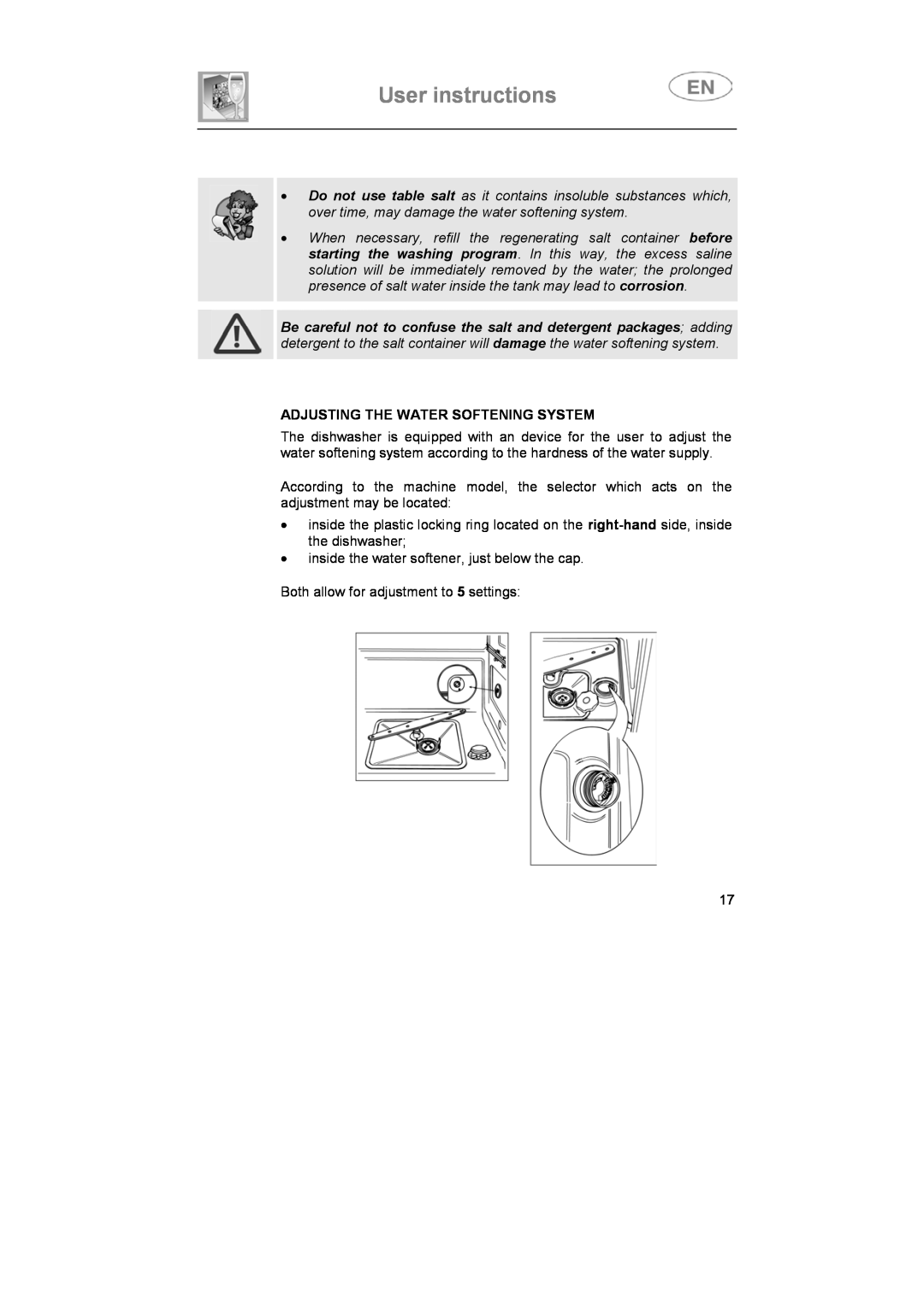 Smeg DF614BE, DF614FAS7 instruction manual User instructions, Adjusting The Water Softening System 