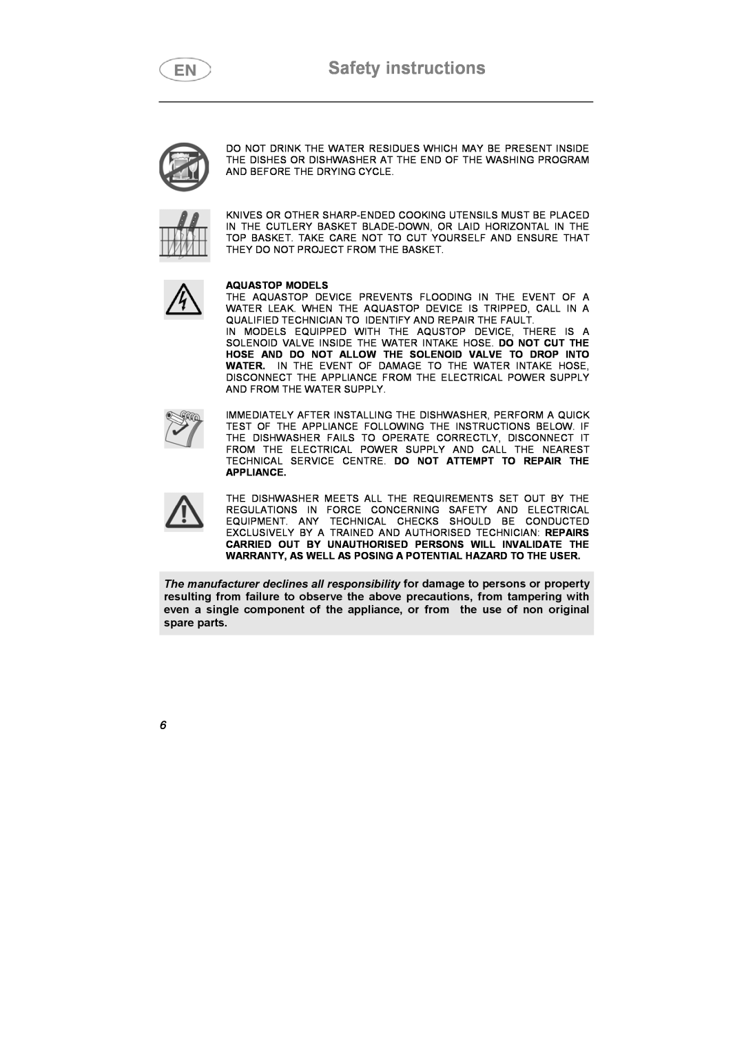 Smeg DF614FAS7, DF614BE instruction manual Safety instructions, Aquastop Models, Appliance 