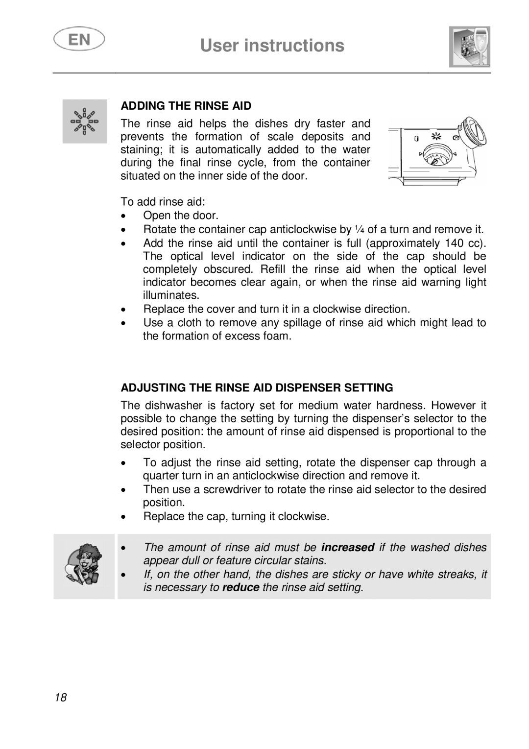 Smeg DFC612S, DFC612BK instruction manual Adding the Rinse AID, Adjusting the Rinse AID Dispenser Setting 