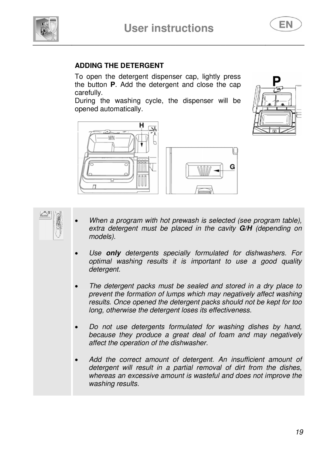 Smeg DFC612BK, DFC612S instruction manual Adding the Detergent 