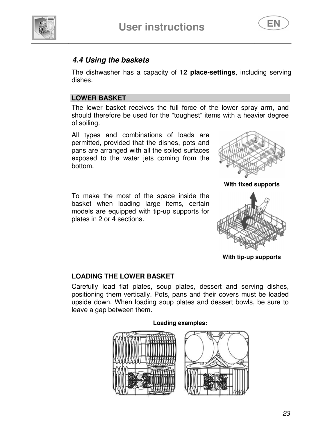 Smeg DFC612BK, DFC612S instruction manual Using the baskets, Loading the Lower Basket 