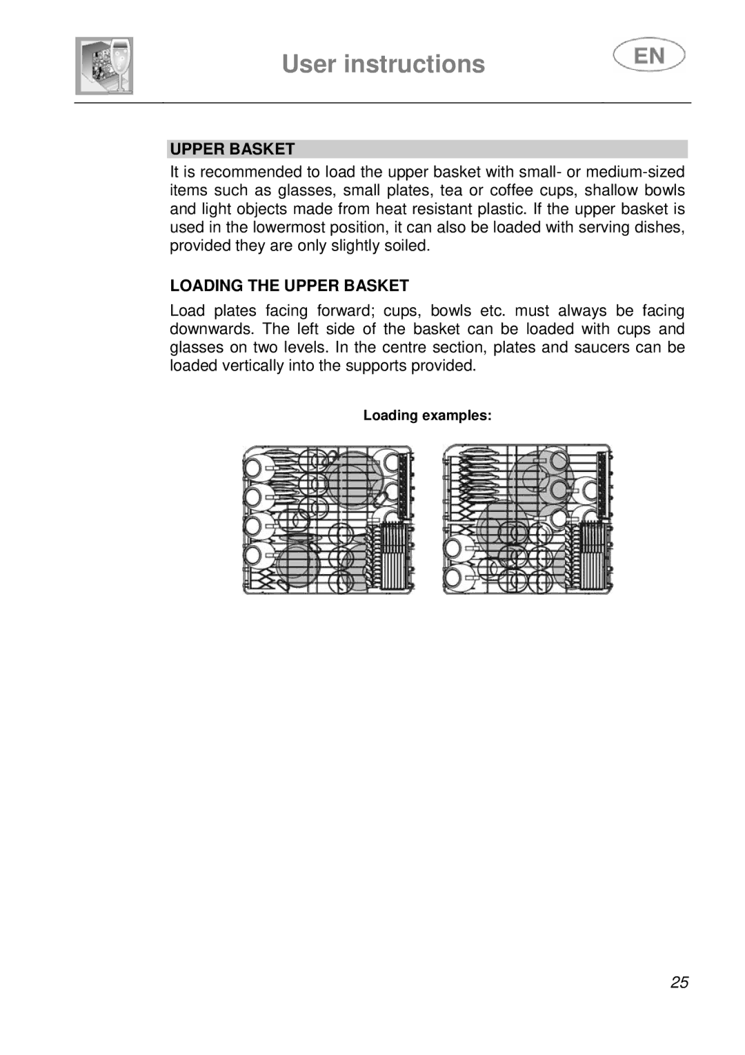 Smeg DFC612BK, DFC612S instruction manual Loading the Upper Basket 