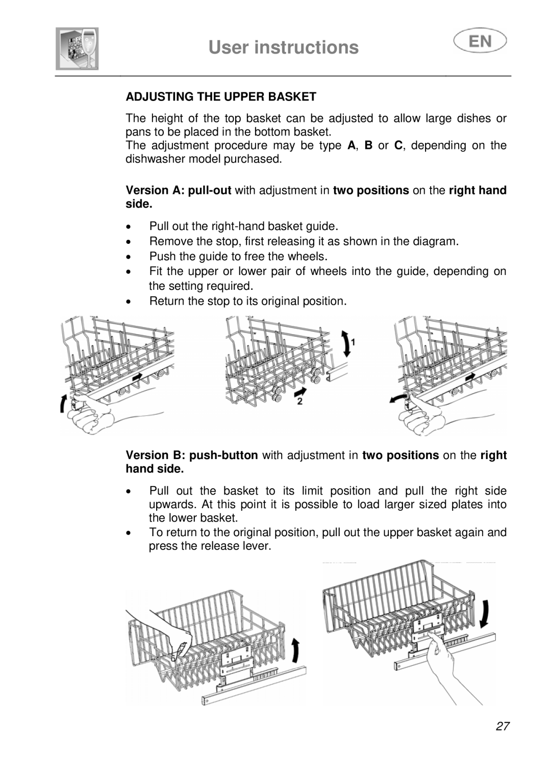 Smeg DFC612BK, DFC612S instruction manual Adjusting the Upper Basket 