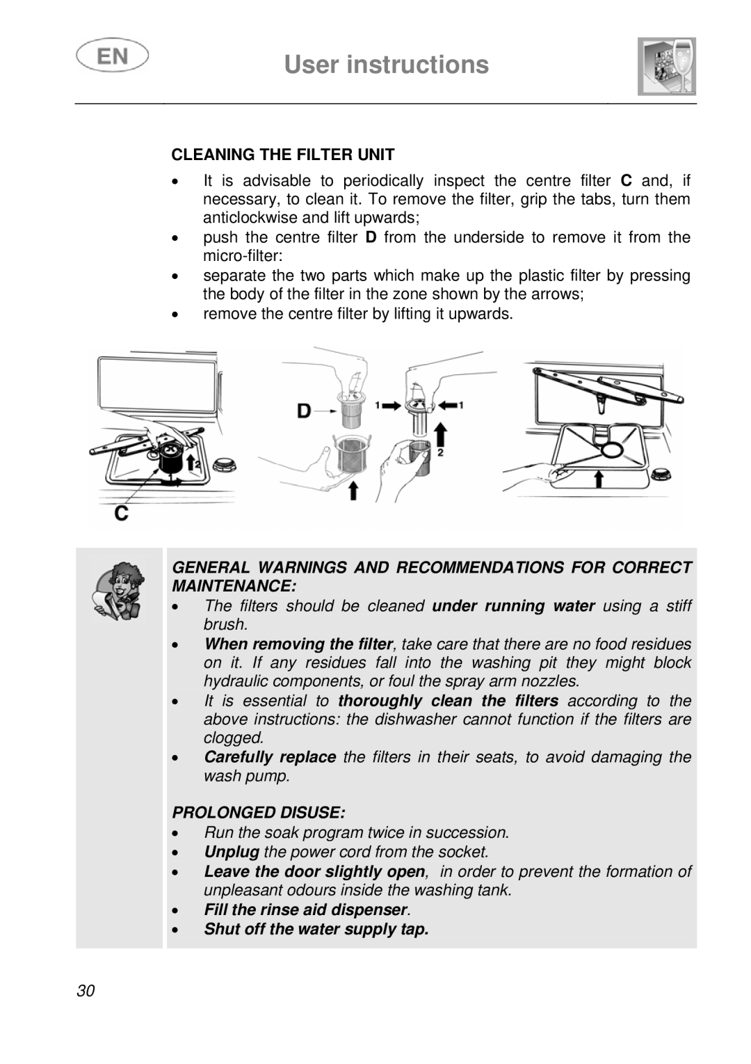 Smeg DFC612S, DFC612BK instruction manual Cleaning the Filter Unit, Prolonged Disuse 