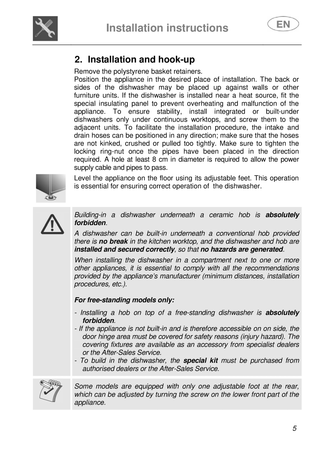 Smeg DFC612BK, DFC612S instruction manual Installation instructions, Installation and hook-up 