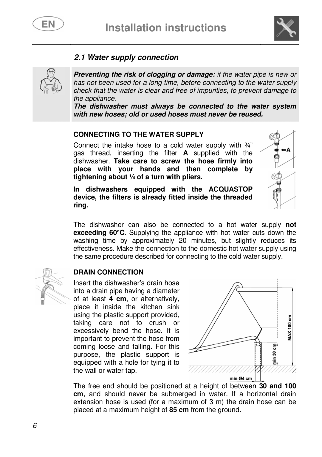 Smeg DFC612S, DFC612BK instruction manual Water supply connection, Connecting to the Water Supply, Drain Connection 