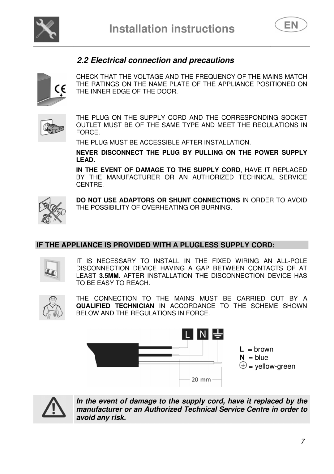 Smeg DFC612BK, DFC612S Electrical connection and precautions, If the Appliance is Provided with a Plugless Supply Cord 