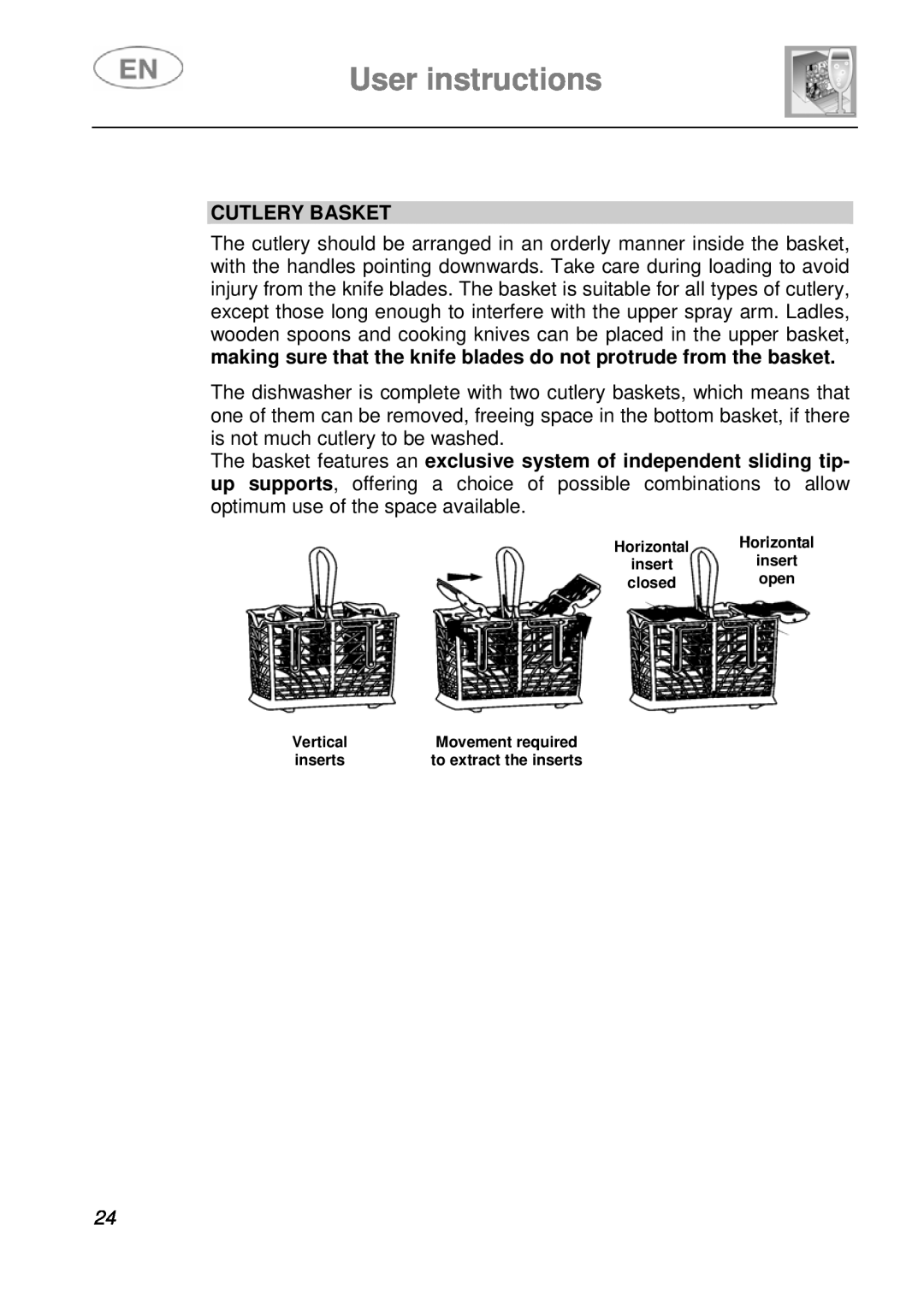 Smeg DFC612S, DFC612BK instruction manual Cutlery Basket, User instructions 