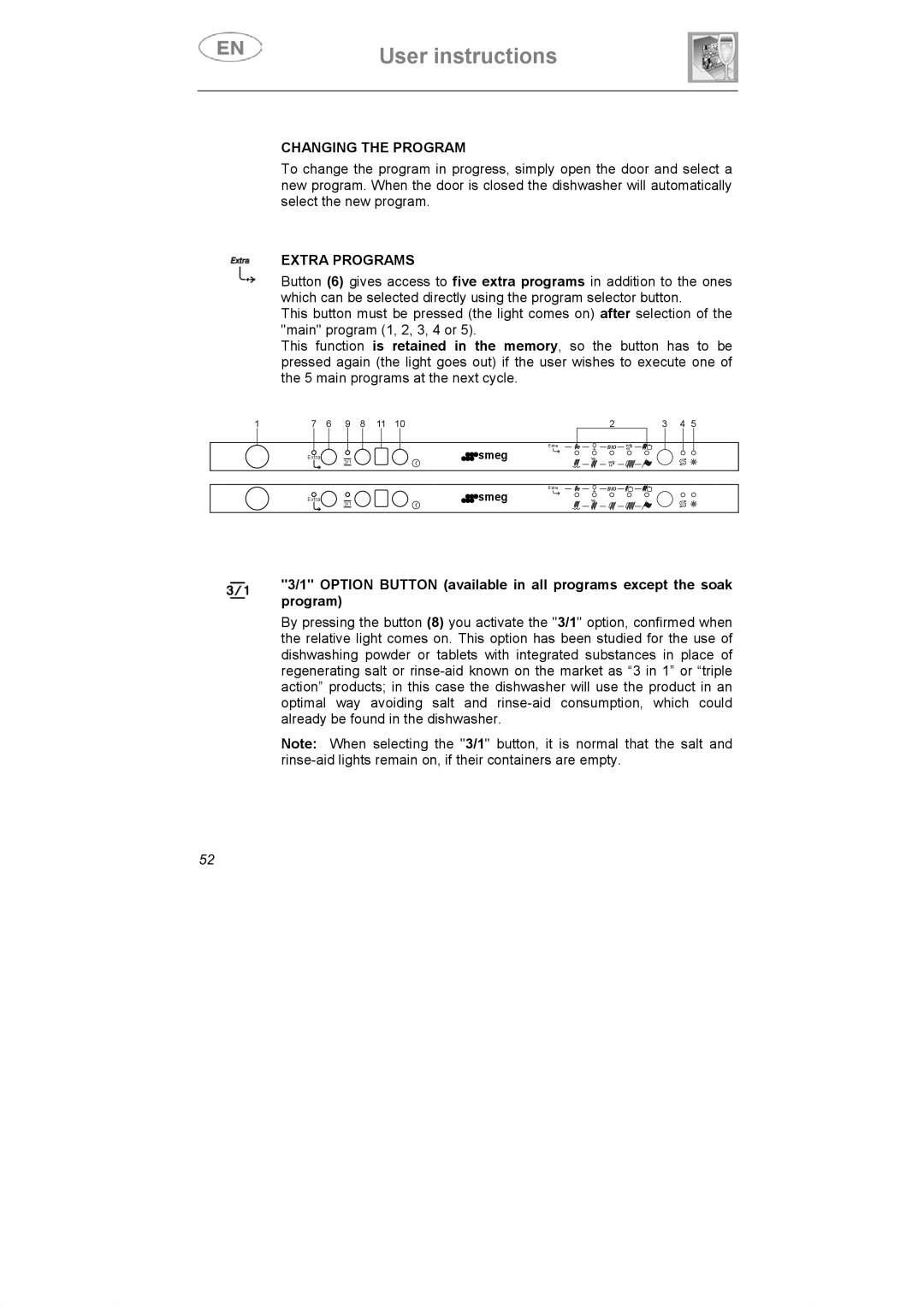 Smeg DI607 manual Changing the Program, Extra Programs 