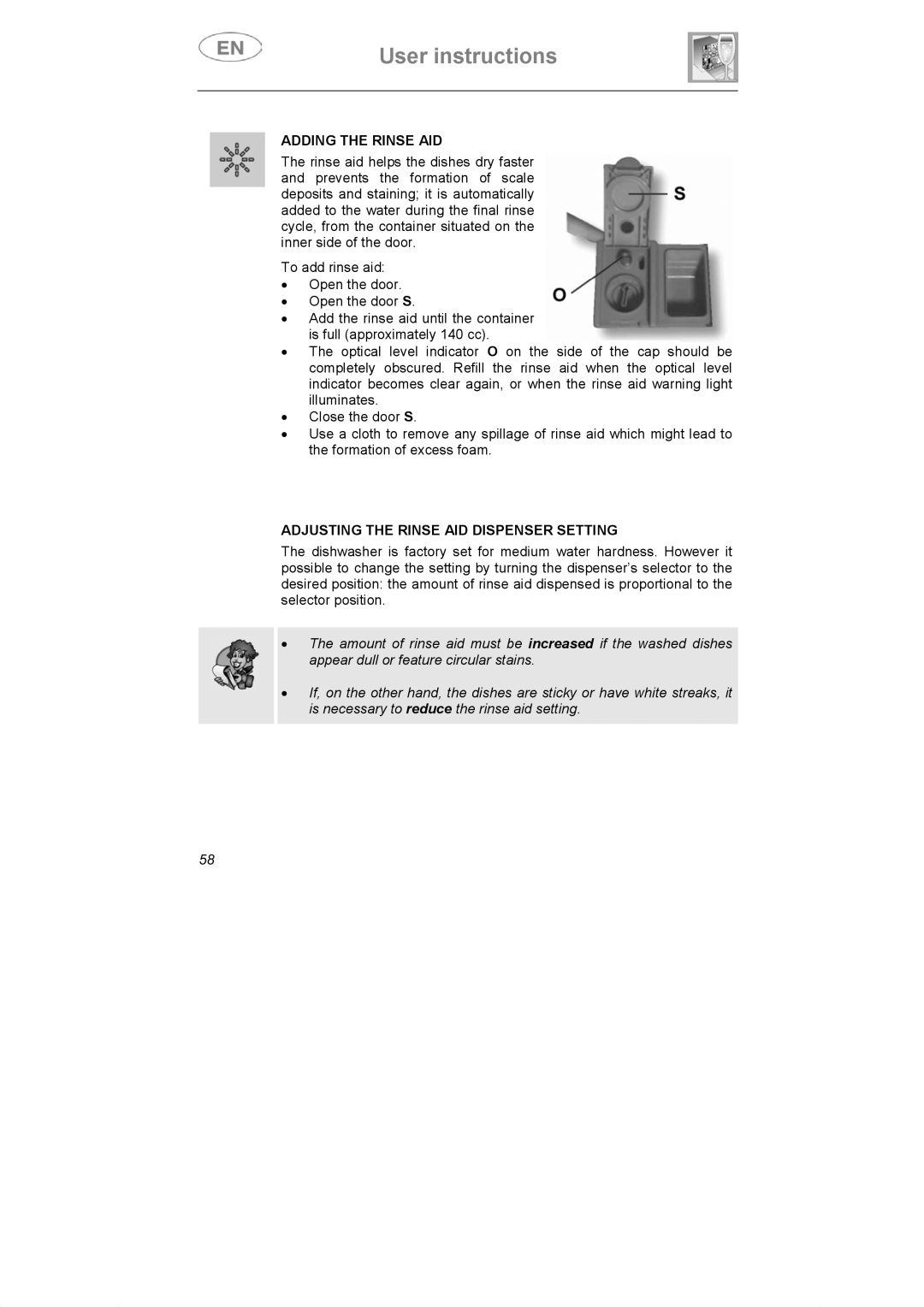 Smeg DI607 manual Adding the Rinse AID, Adjusting the Rinse AID Dispenser Setting 