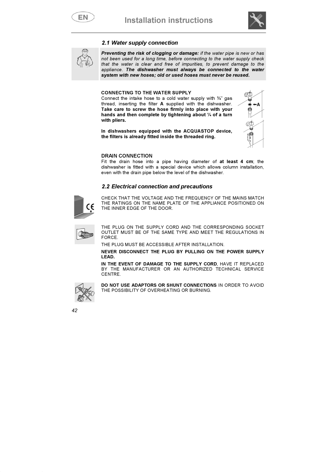 Smeg DI607 manual Water supply connection, Electrical connection and precautions, Drain Connection 