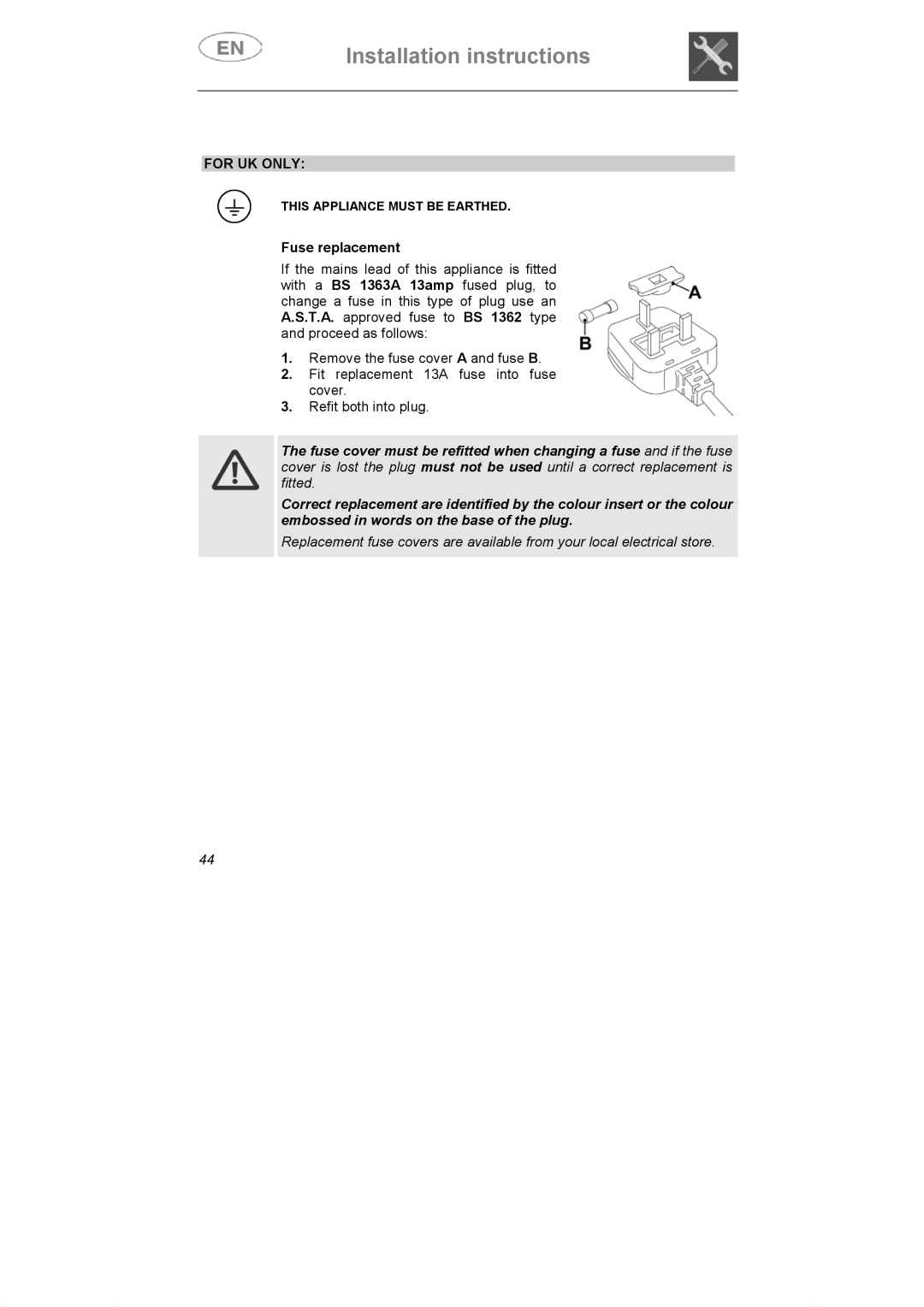 Smeg DI607 manual For UK only, Fuse replacement 