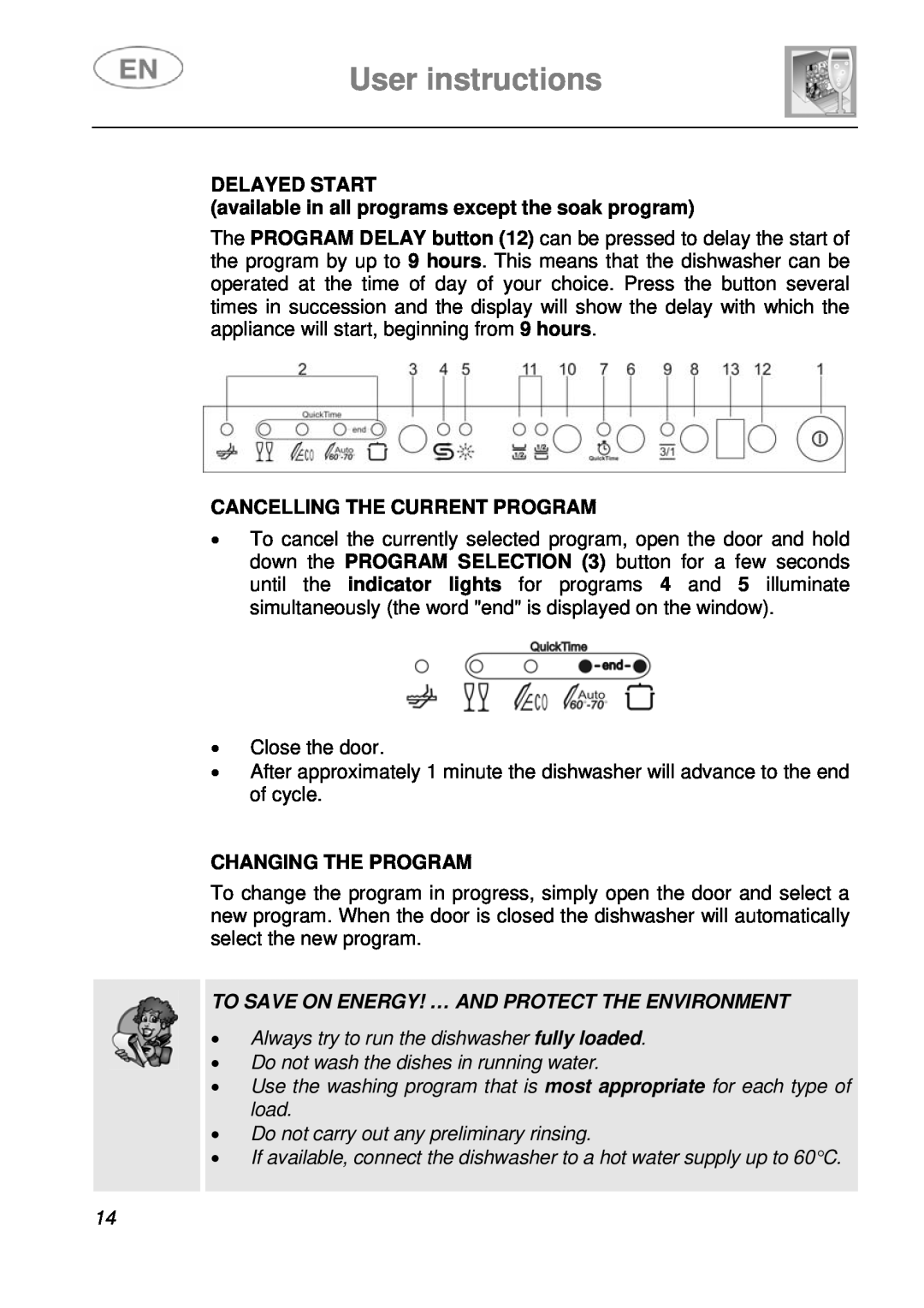 Smeg DI612A1 User instructions, DELAYED START available in all programs except the soak program, Changing The Program 