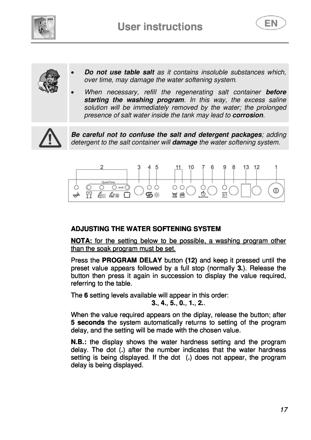 Smeg DI612A1 instruction manual User instructions, Adjusting The Water Softening System 