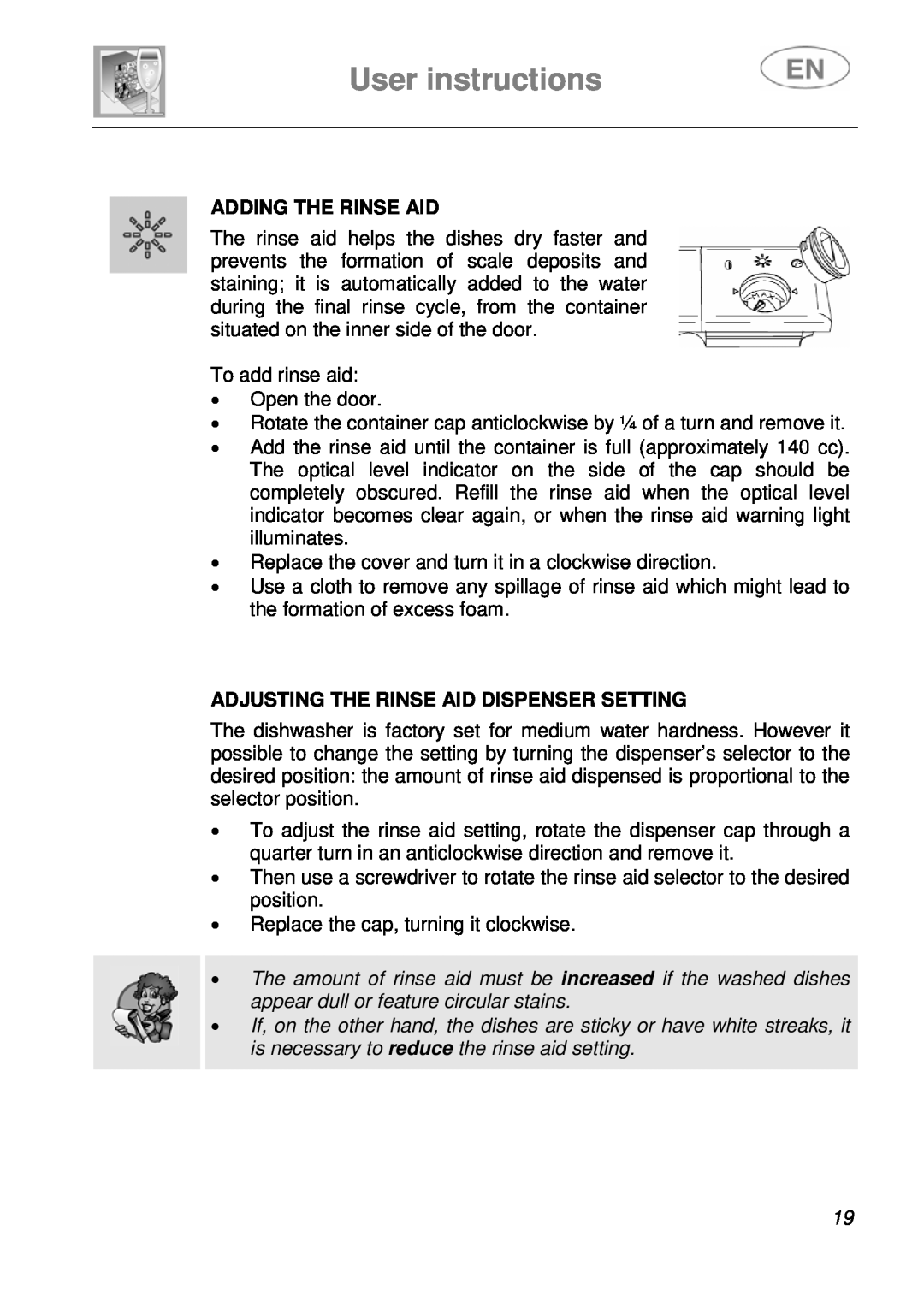 Smeg DI612A1 instruction manual User instructions, Adding The Rinse Aid, Adjusting The Rinse Aid Dispenser Setting 